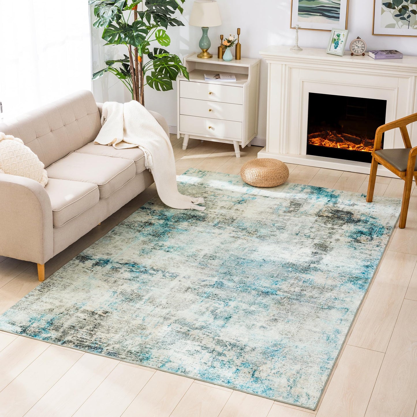 Carvapet 6x9 Large Rugs for Living Room Bedroom Kids Room, 6 x 9 Washable Teal Modern Abstract Low Pile Carpet with Rubber Backing, Foldable, Non Slip Thin Area Rug, Ultra Soft