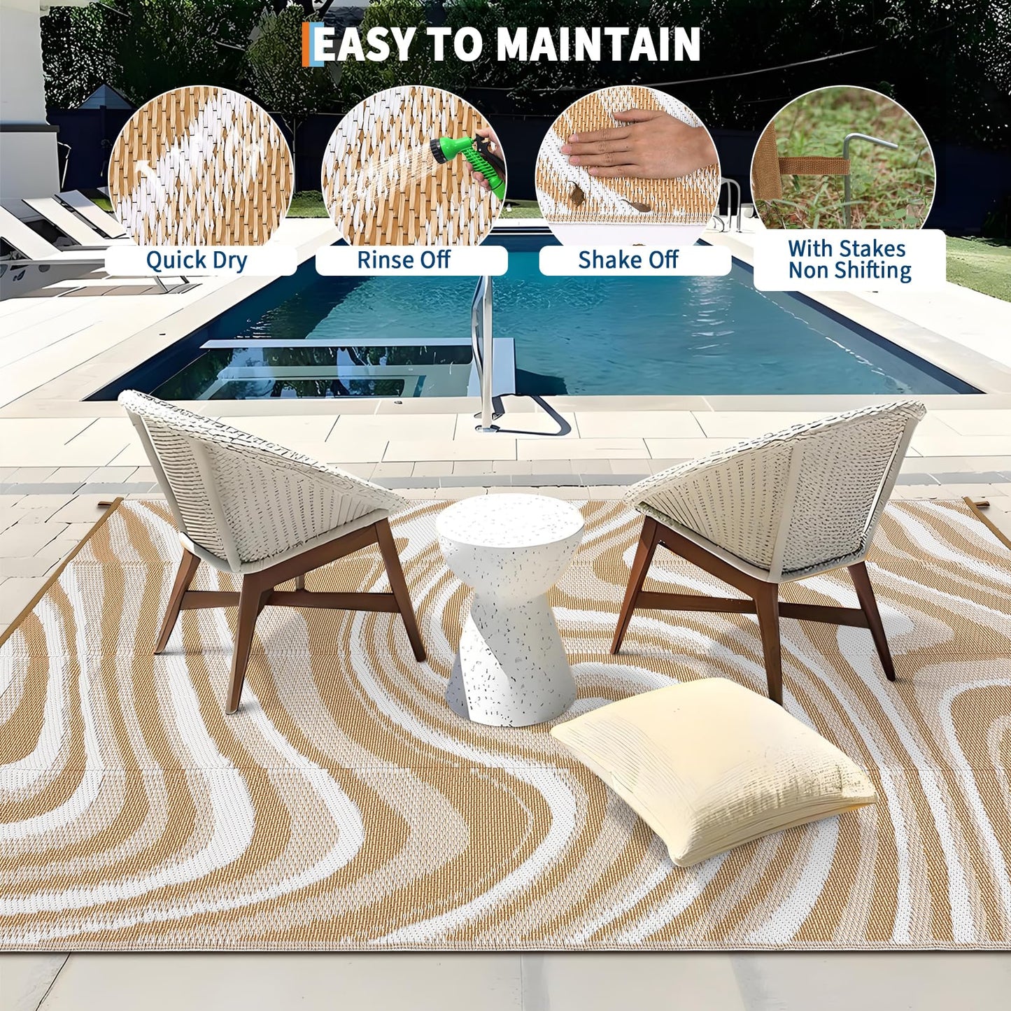 Garvee 10x14 Modern Large Outdoor Rug, Waterproof Rug for Camping, Reversible Plastic Straw Rugs UV Resistant Abstract Carpet for Picnic Backyard Deck Balcony Porch Beach Trailer, Light Brown