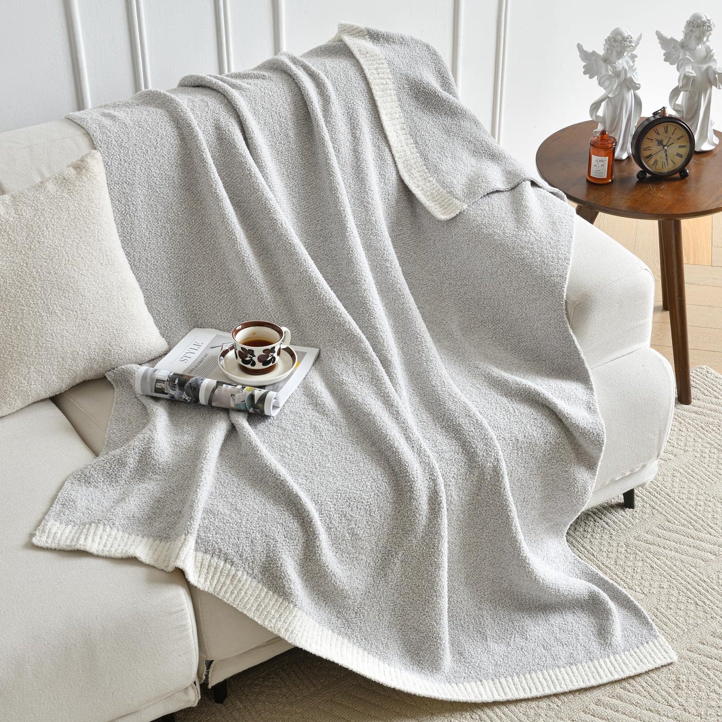 Chunky Knit Boucle Throw Blanket, Soft Washable Coastal Blanket for Bed Couch, Lightweight Cozy Oversized Feather Knit Blanket Indoor Outdoor for Sofa (Grey, Throw 50"x60")