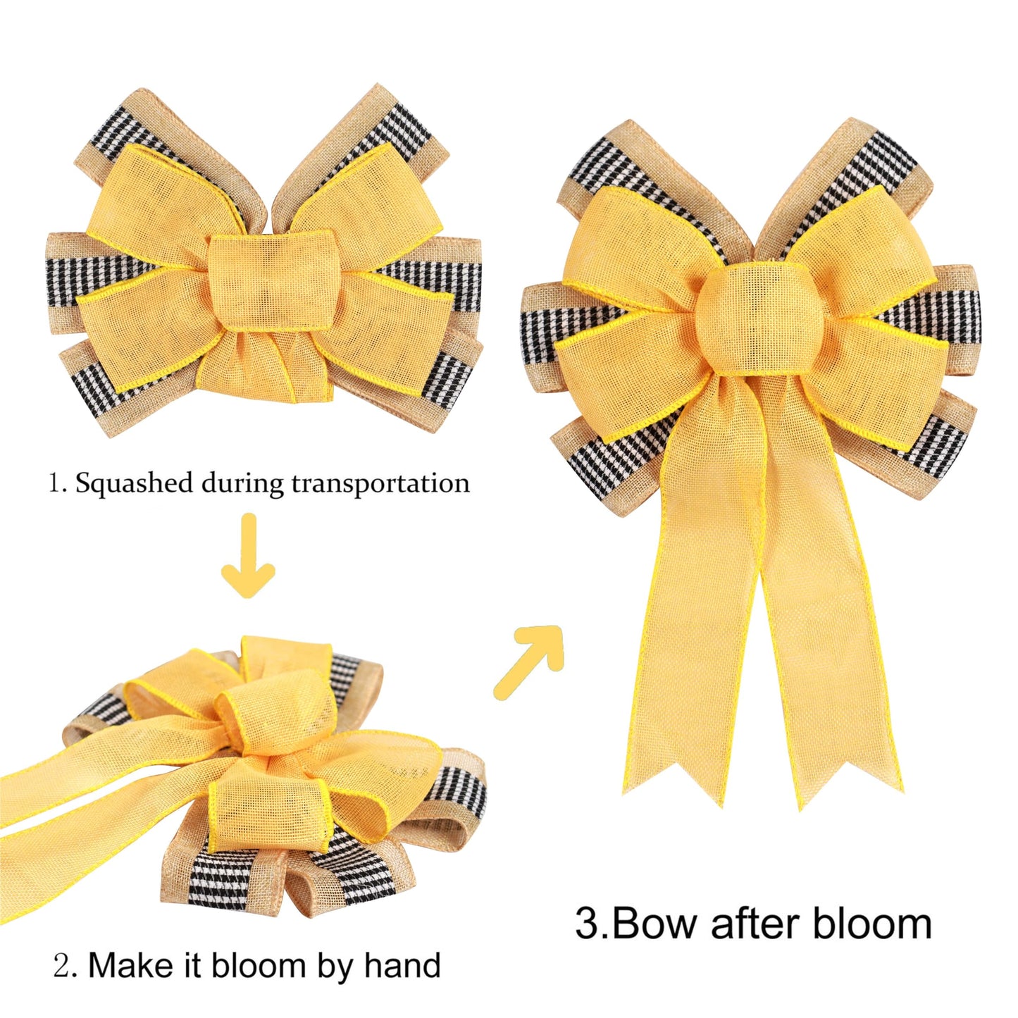 2 PCS Spring Summer Wreath Bow Decor,Decorative Bow with Yellow Burlap and Black White Stripe Ribbon for Holiday Tree Topper Home Front Door Outdoor