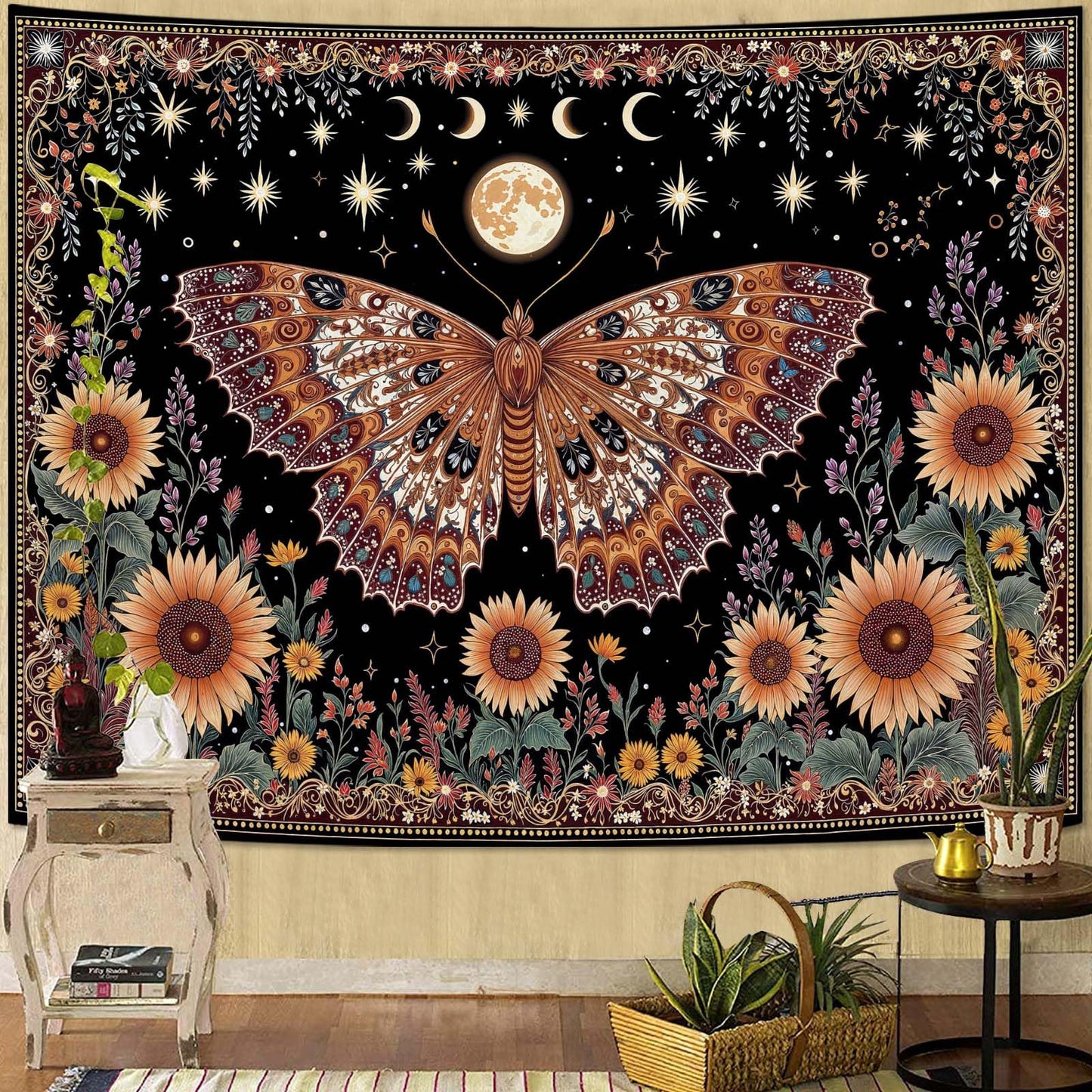 CKM-WOYIN Butterfly Tapestry Moon Star Retro Floral Sunflower Plant Tapestries for Bedroom Witchy Aesthetic Room Decor Tapestries Wall Hanging for Living Room, Bedroom, Dorm (60''×44'')