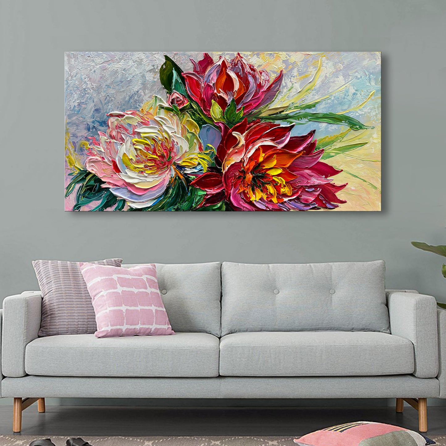 Limiyer Art Hand Painted red Flowers Art Oil Painting 24x48 Thick Texture Abstract Wall Decorative Art Oil Painting