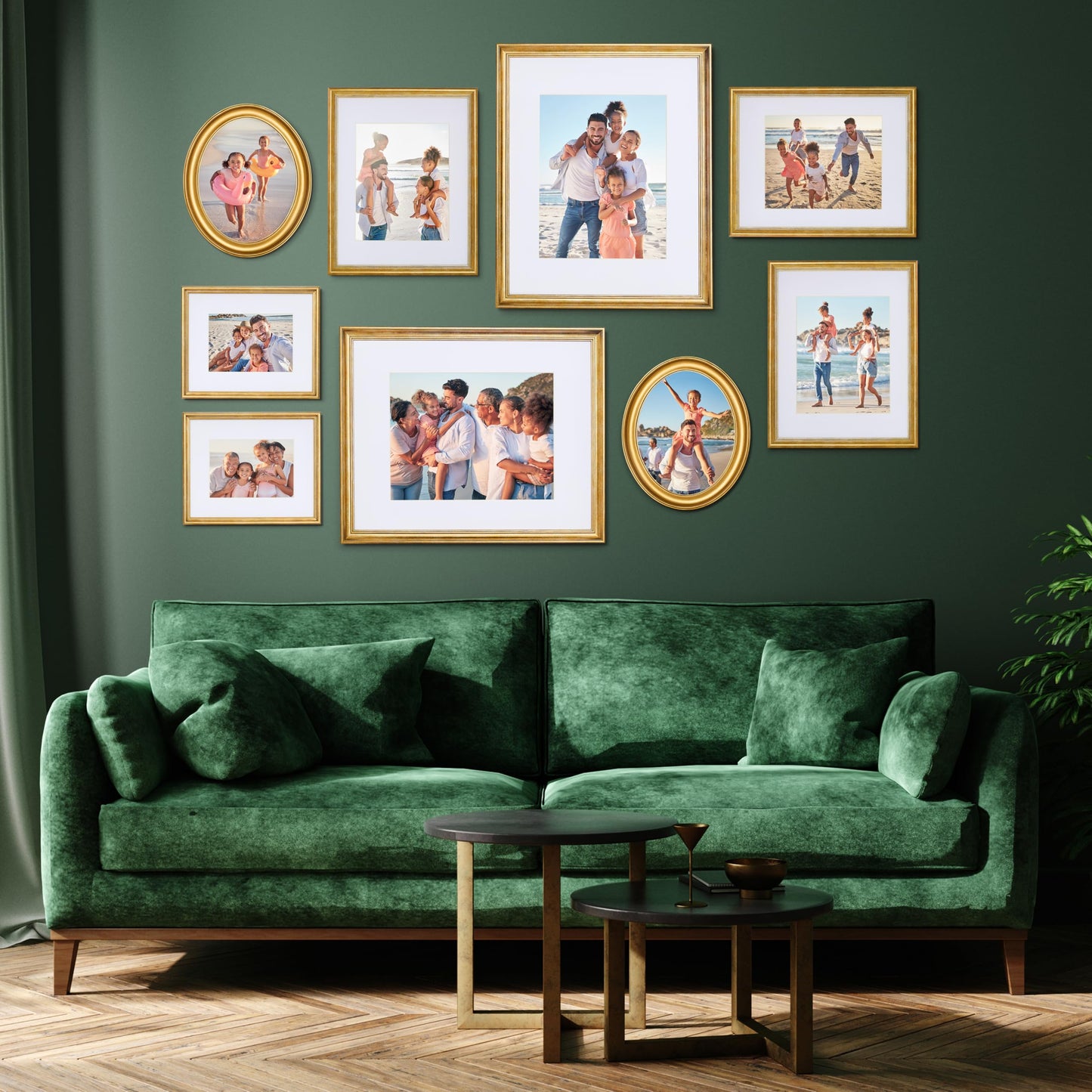 Camden Reed Mixed Gallery Wall Frame Set, (2) 16x20 Inch, (1) 11x14 Inch, and (2) 8x10 Inch, 9 Piece, Brass