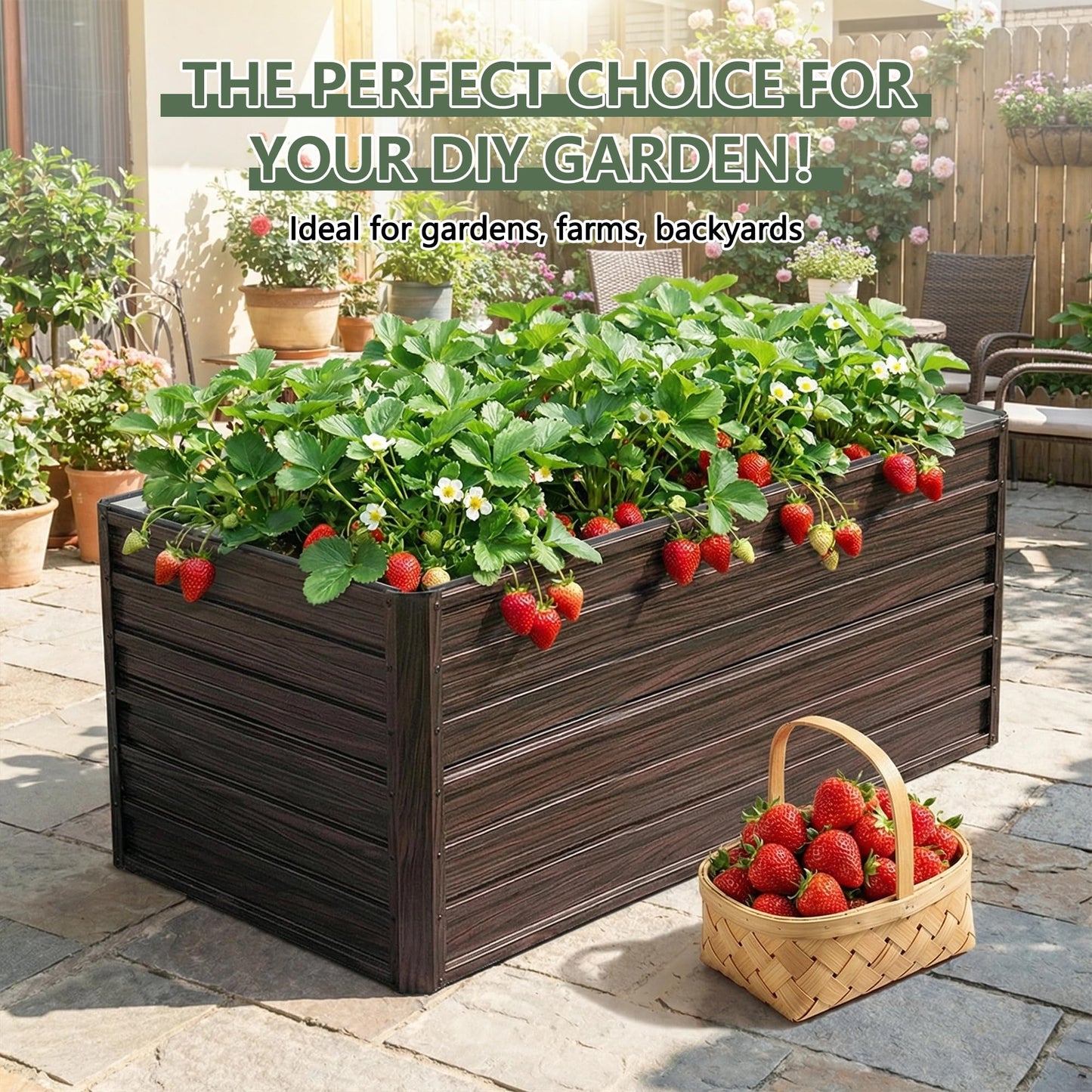 RocVanc Galvanized Raised Garden Beds 6x3x2FT Outdoor Planter Boxes with Safety Edging and Gloves Metal Garden Bed Kit for Vegetables Flower and Fruits (Brown Wood Grain