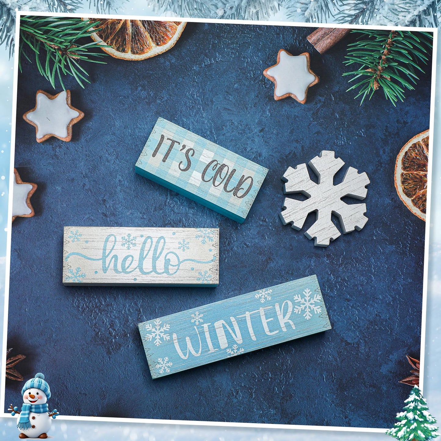 4 Pcs Christmas Winter Table Decorations,Rustic Winter Signs for Home Decor,Farmhouse Snowflake Home, Snowflake Tiered Tray Christmas Centerpiece, Wonderland Decor for Office, Shelf