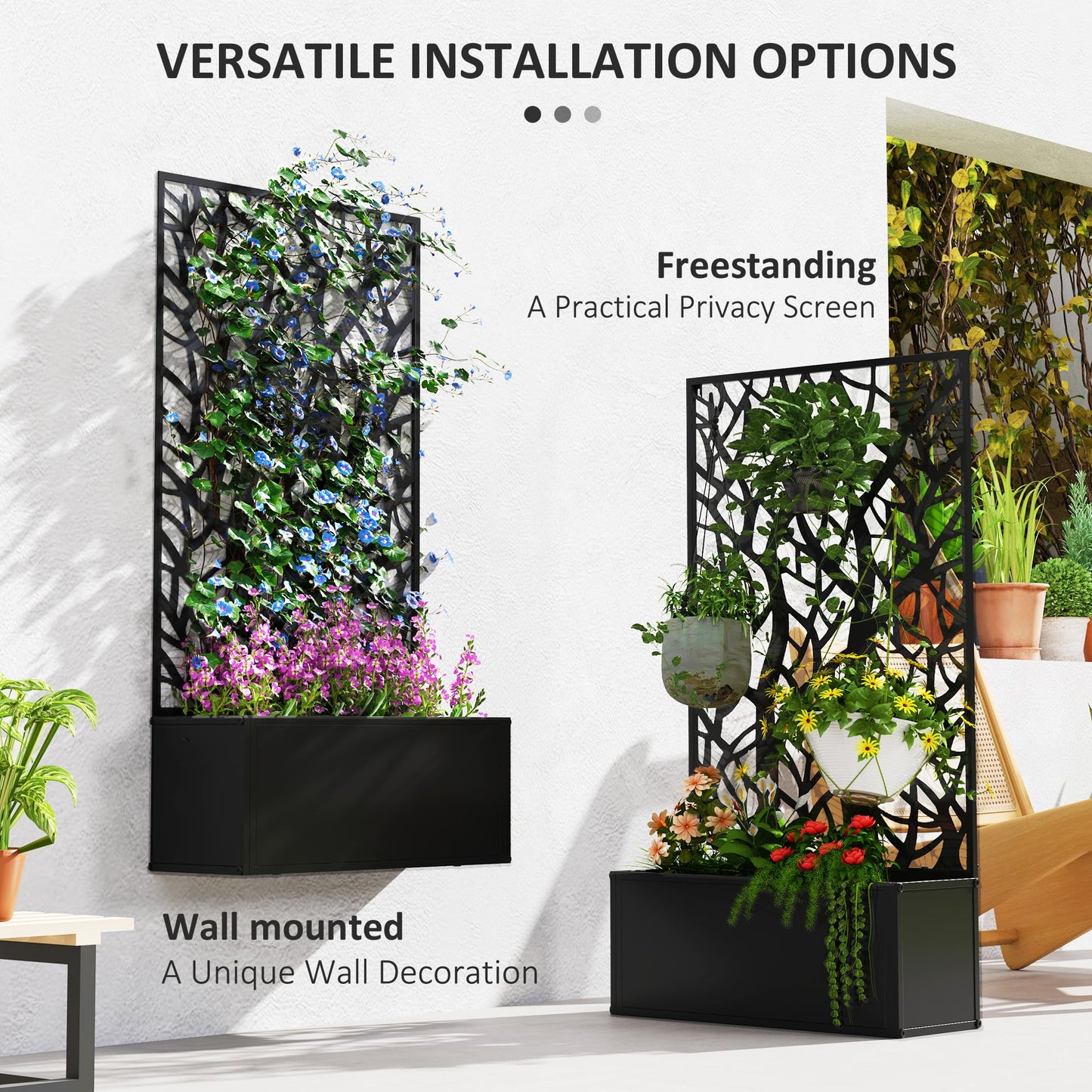 Outsunny Metal Raised Garden Bed with Trellis for Climbing Plants, Freestanding or Wall Mounted Flower Bed with Privacy Panel, Two Big Tree Cut-Outs Outdoor Planter Box for Garden, Patio, Balcony