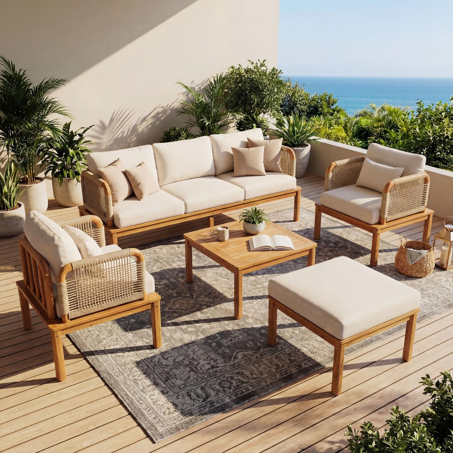 Merax Outdoor 5-Piece Acacia Wood & Rope Patio Sofa Set with Ottoman & Table, Water-Repellent Cushions, for Garden & Patio