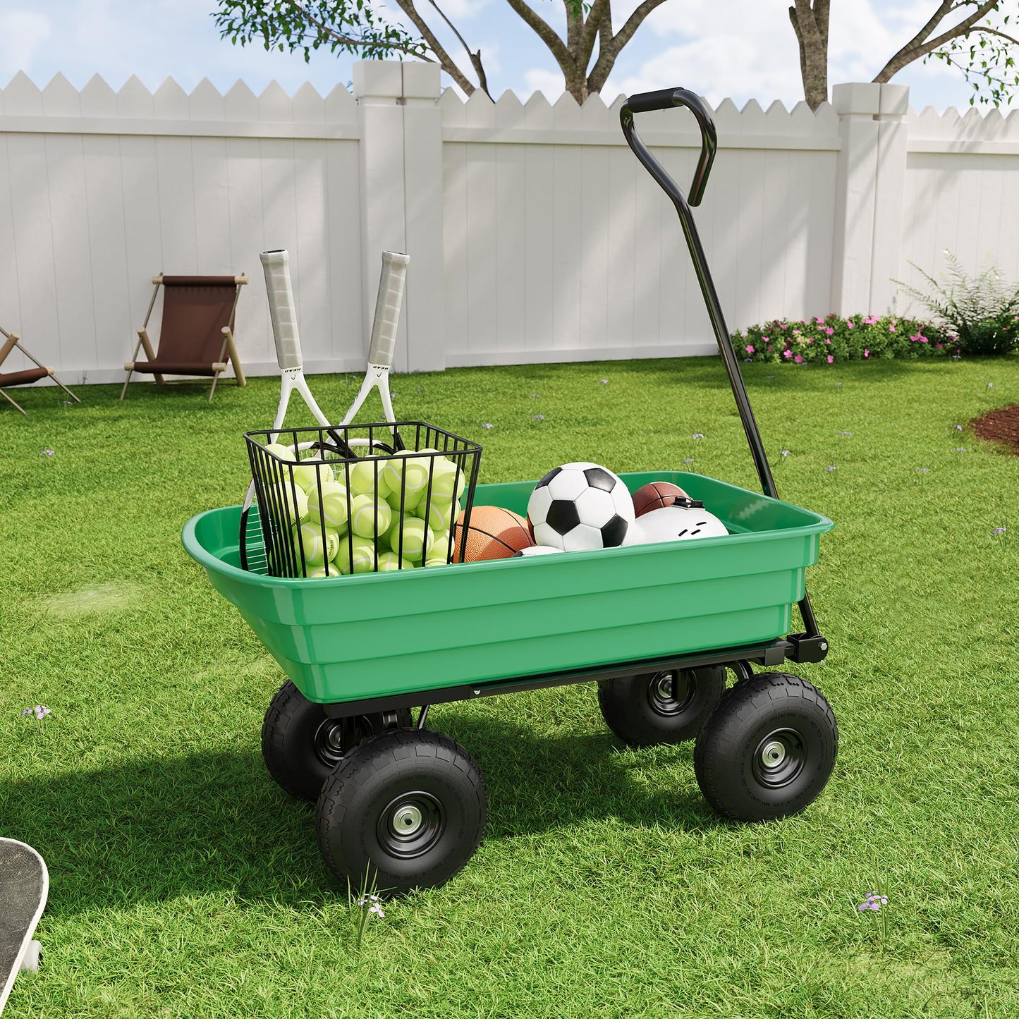 Garden Dump Cart, 6 Cu.Ft. 1200Lbs Garden Cart, Heavy-Duty 4 Wheel Wheelbarrow Yard Cart with 13-Inch All-Terrain Wheels, Features A Quick-Release Tipping Function, for Courtyards, Farm, Gardening