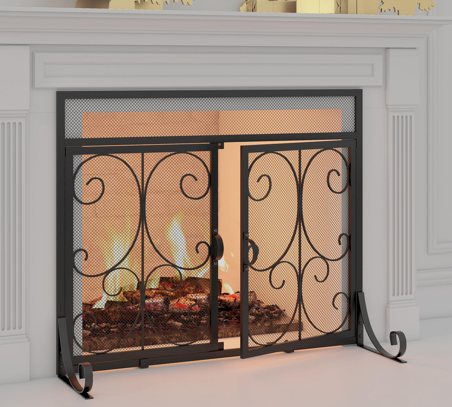 Calidola Large Flat Fireplace Screen with Doors, Wrought Iron Frame with Metal Mesh, Flat Panel Decorative Fireplace Screen with Scroll Design, Free Standing Spark Guard,Black