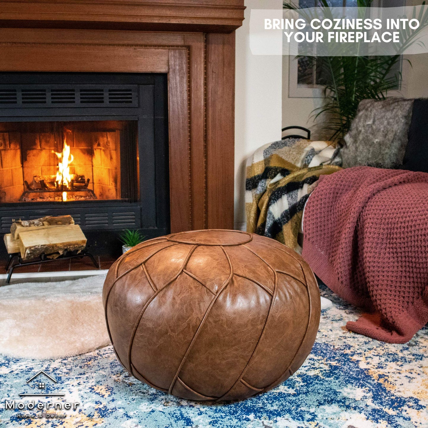Moderner Faux Leather Pouf Unstuffed Ottoman Moroccan Footstool, Floor Footrest Cushion, Storage Solution - Natural Brown Color (Mocha, Round)