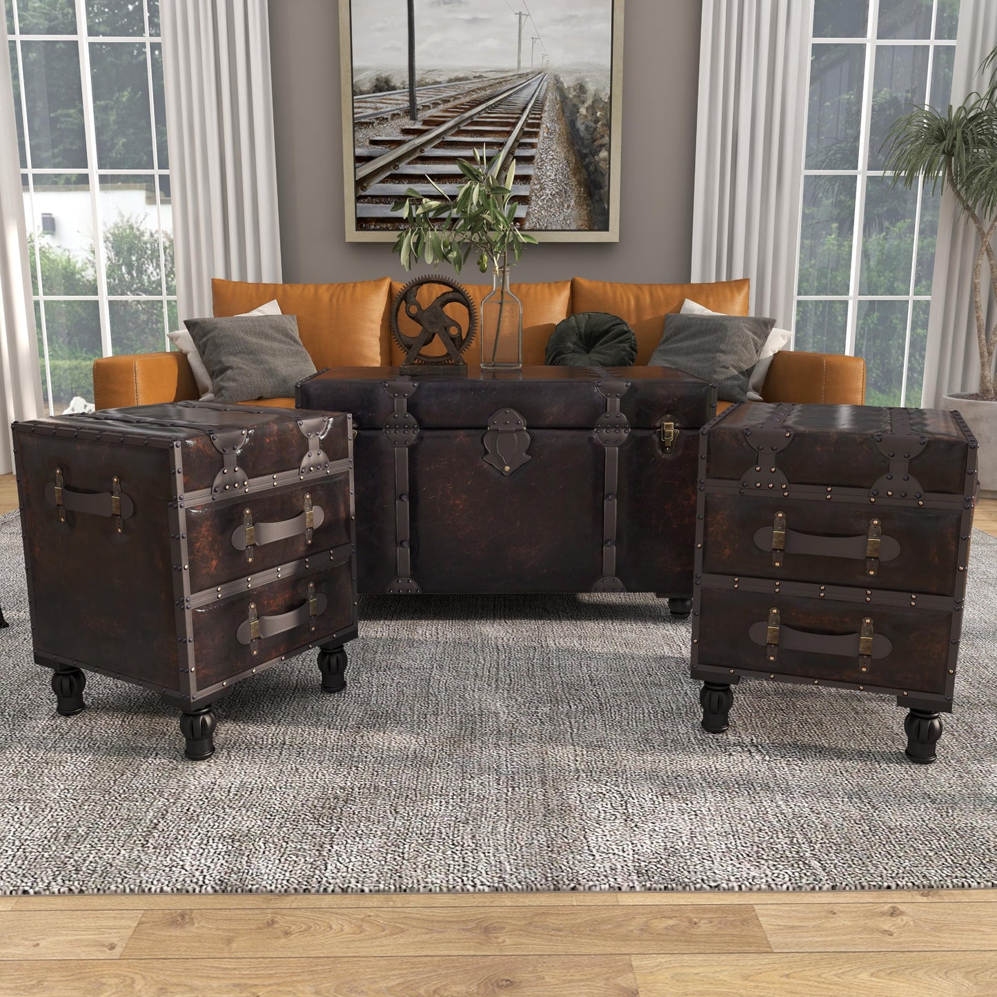 Deco 79 Faux Leather Home Bench Vintage 4 Drawer Entryway Benches with Faux Leather Straps and Studs, Set of 3 Bedroom Benches 37", 16", 16"W, Brown