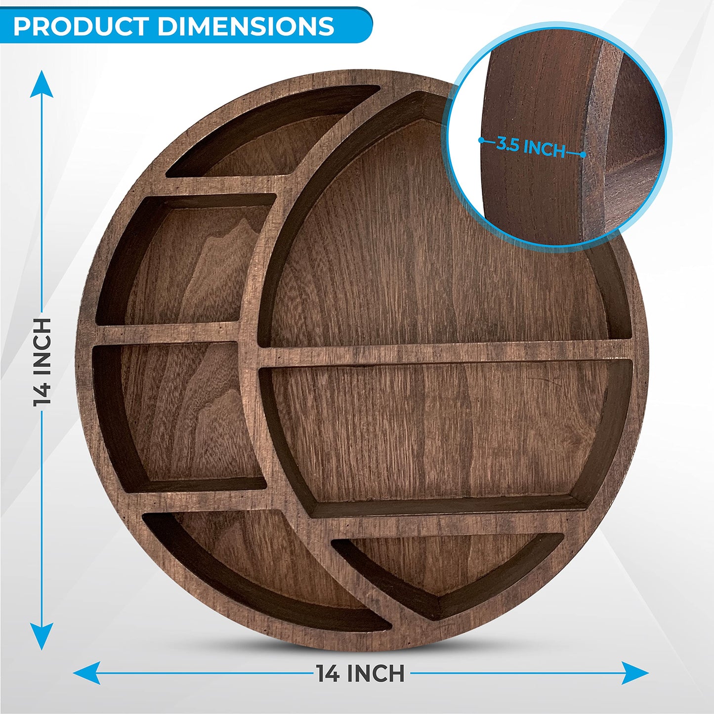 Nimpro Wooden Crescent Moon Shelf Wall Decor - Decorative Boho Home Hanging Display Shelf for Bedroom, Dorm, Nursery - Easy Mount Storage for Crystals and Essential Oils - 14 x 14 x 3.5 (Brown)