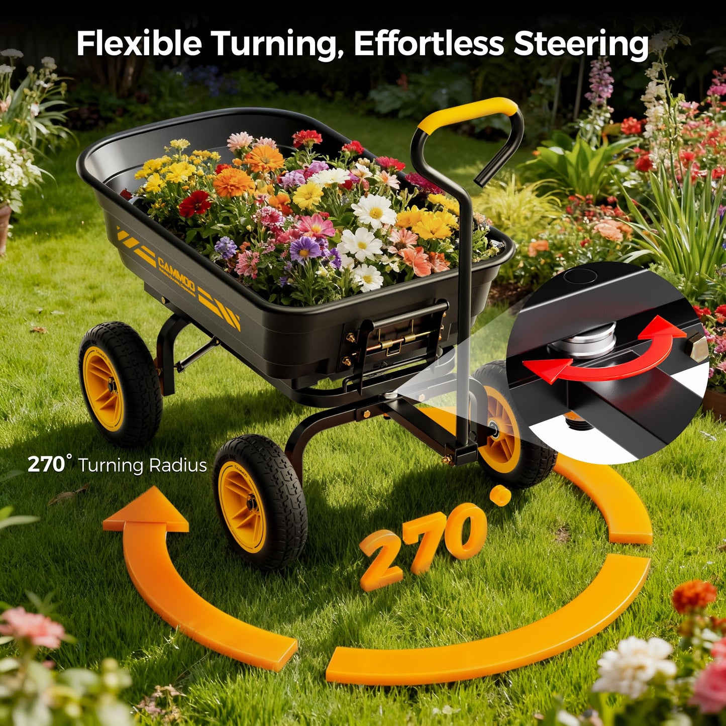 CAMMOO 10-in NO-FLAT TIRES 600lb Heavy-Duty Garden Dump Cart 4 Cu.Ft. Utility Wagon with Quick-Release Dumping & Prime Grade 100% Virgin Polypropylene - Not Recycled Material for Landscaping Gardening