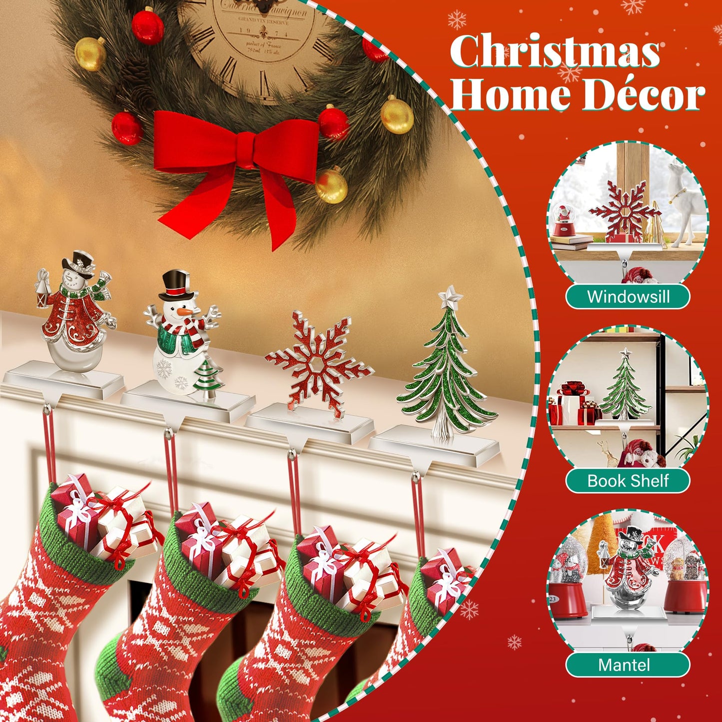 Loncaster Set of 4 Christmas Stocking Holders for Mantle, Christmas Tree Weighted Stocking Holder, Snowflakes Stocking Hangers for Mantle,Christmas Stocking Holder for Fireplace Christmas Decorations