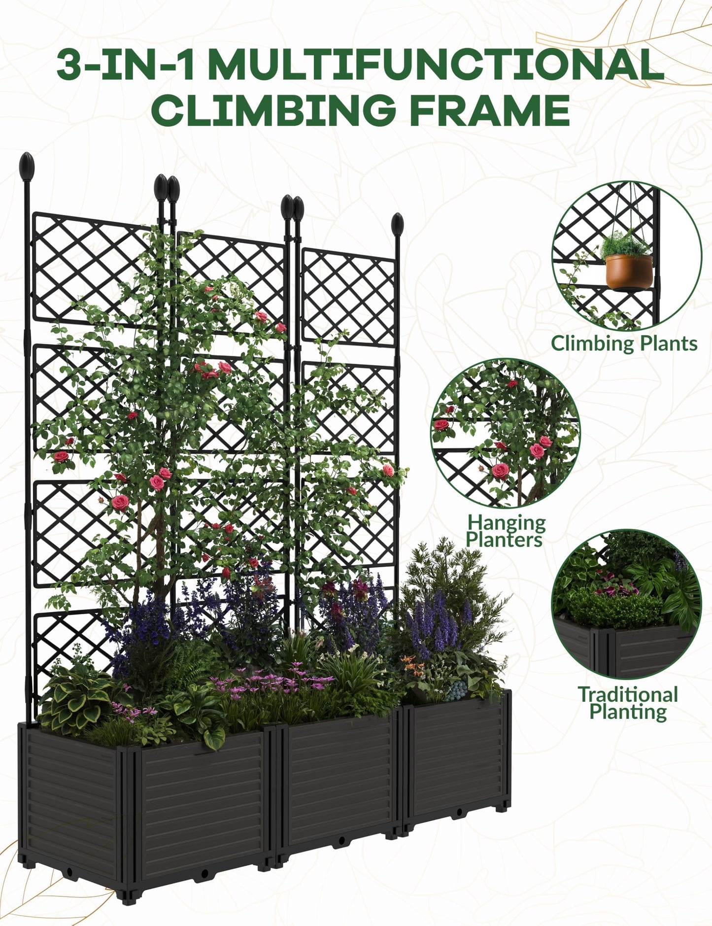 3 PCS Raised Garden Bed with Trellis & Privacy Screen, 50" w x 63" Tall Vertical Garden Planter Box for Climbing Plants - Sturdy Lightweight Outdoor Planter for Vegetables, Flowers on Patio, Balcony