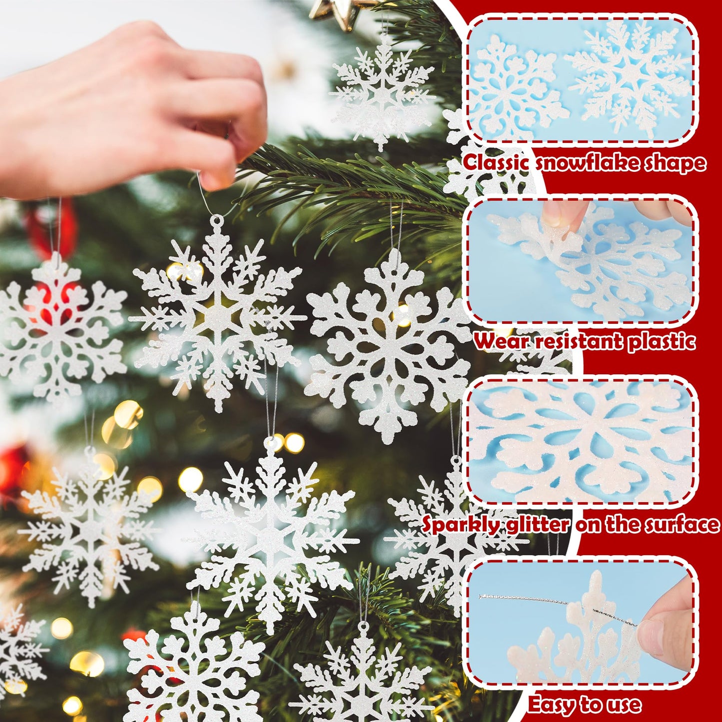 24PCS Snowflake Ornaments, Christmas White Snowflakes Tree Decorations, Plastic Glitter Snow Flakes Decorating Hanging, Xmas Tree Ornaments Indoor Ceiling Fireplace Winter Wonderland Decor