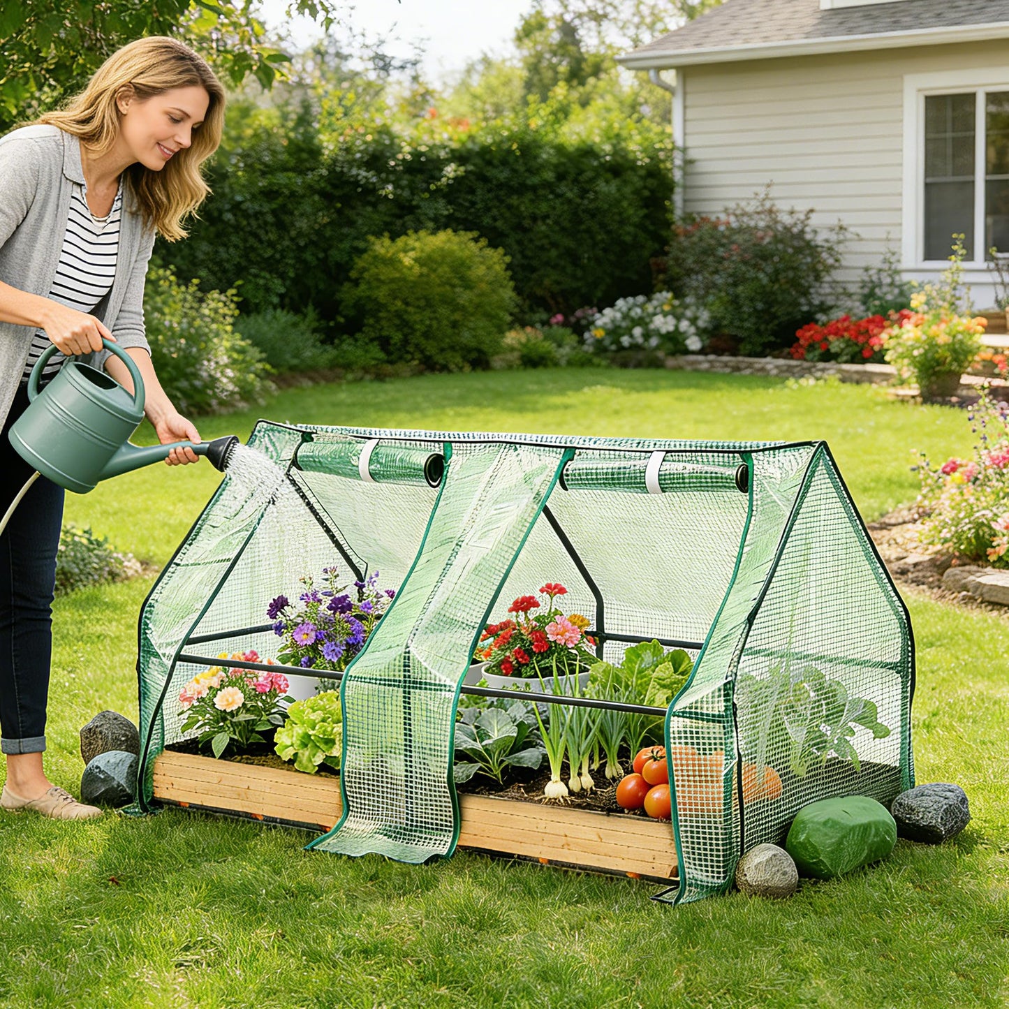 ScienGarden Mini Greenhouse 6' x 3' x 3' — Small Greenhouse with PE Cover, Portable Greenhouses for Outdoors, Roll-Up Zipper Doors for Venting, Protect Plants from Snow/Wind/Rain/Heat/Cold