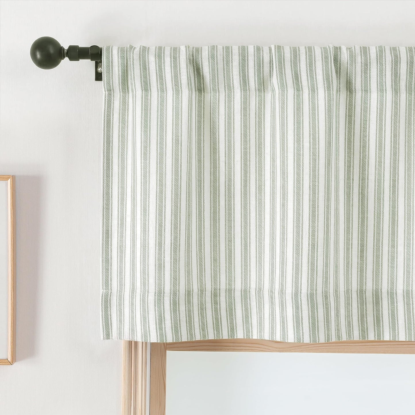 Chyhomenyc Striped Valances for Windows - Light Filtering Faux Linen Small Kitchen Valance Curtains, Boho Ticking Stripe Rod Pocket Farmhouse Valance for Living Room, 52Wx14L, 2 Pieces, Sage Green