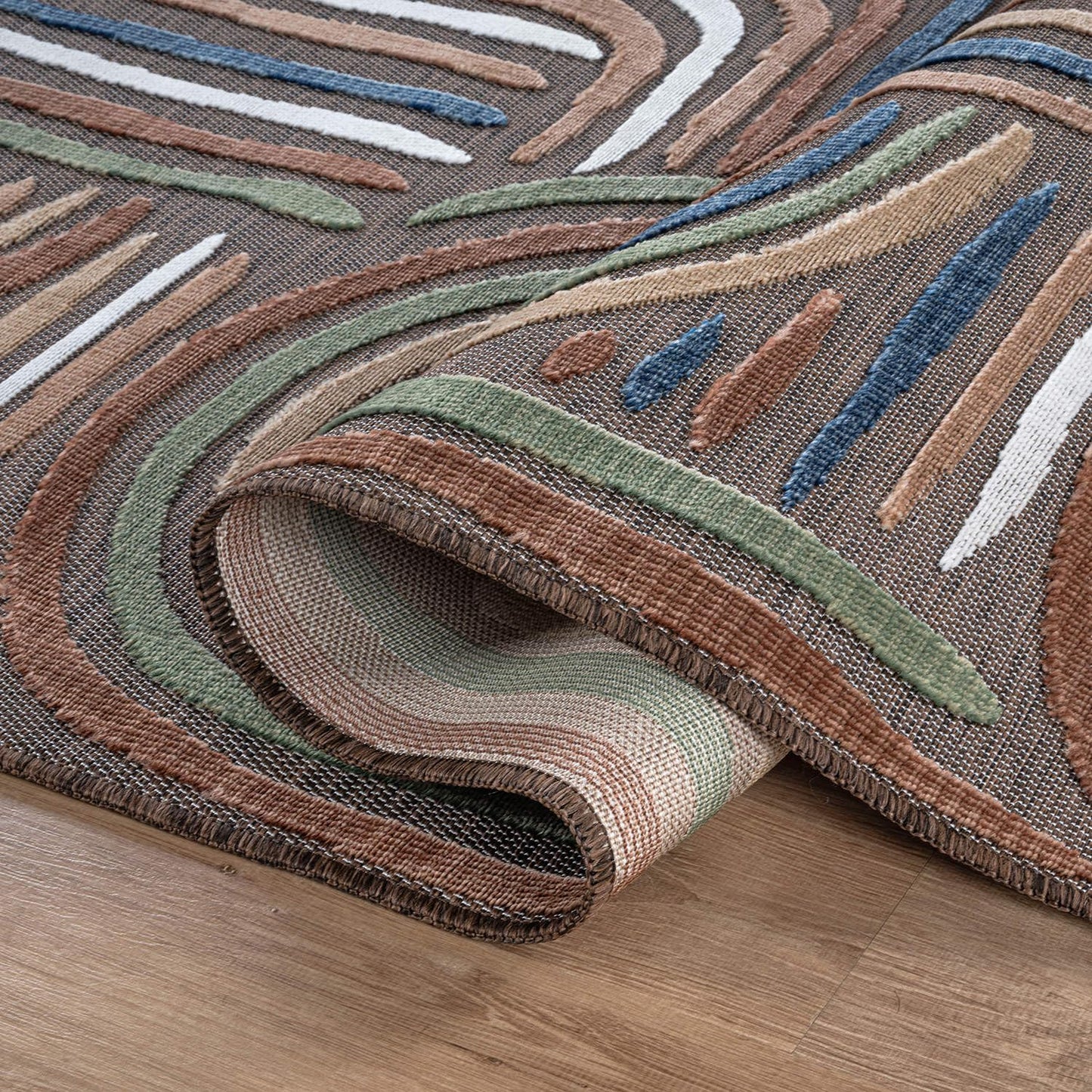 CAMILSON Indoor Outdoor Rug, Brown 8x10 Geometric Arch Striped Area Rugs for Patio and Home Areas, Easy-Cleaning Non-Shedding Living Room, Garden and Deck Washable Outside Carpet (8 x 10)