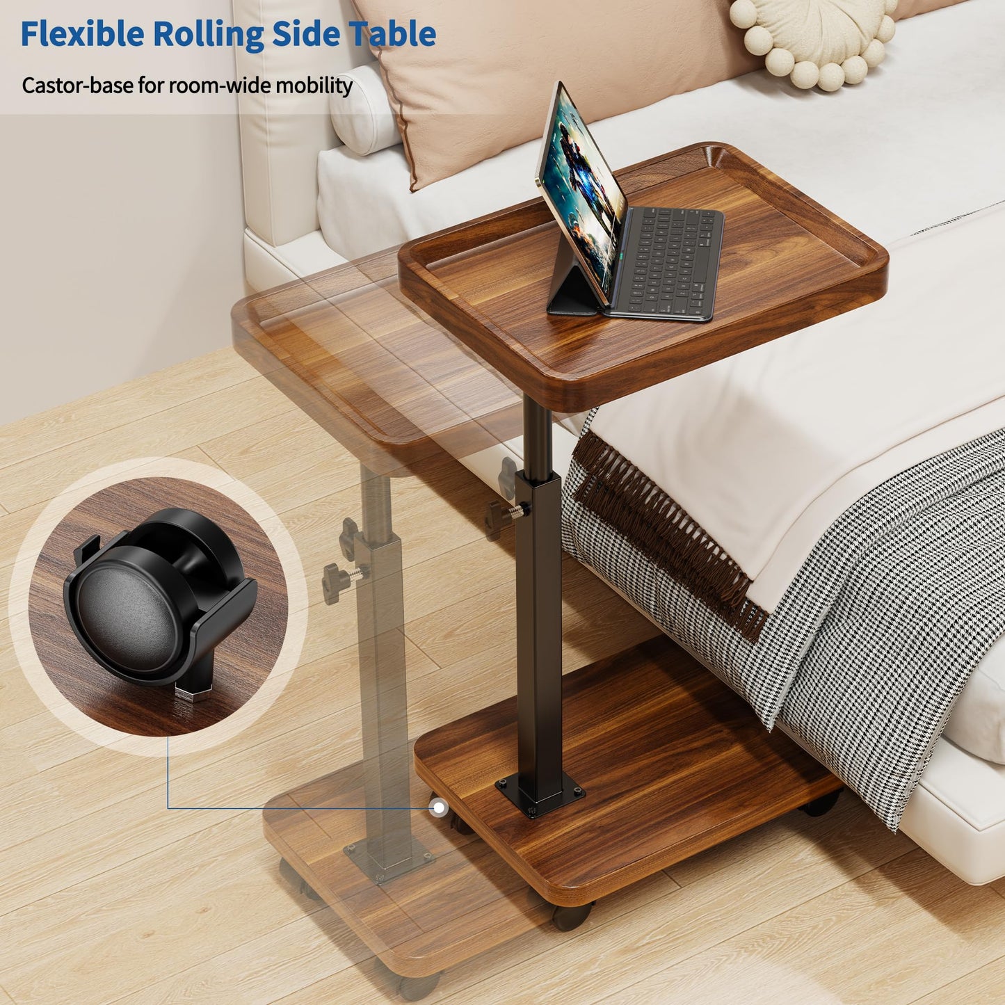 SJIE C Table End Table Adjustable Height, 360°Swivel TV Tray Table for Small Spaces, Side Tables with Wheels for Living Room and Bedroom, Bed (Walnut)
