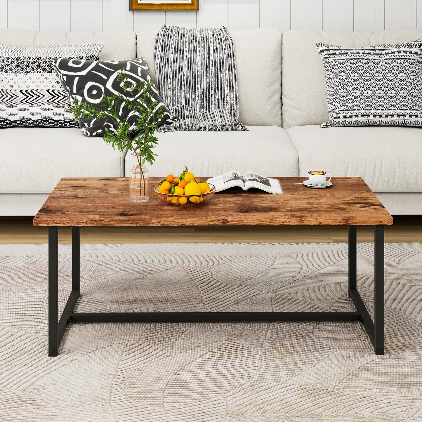 JUISSANO Coffee Table Rectangular Center Table for Living Room Open Space Side Table with Metal Frame, Easy Assembly, Black+ Rustic Brown Wood Coffee Table