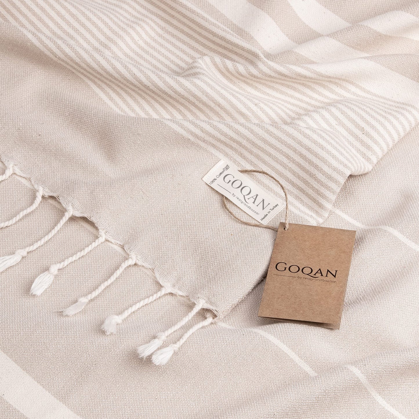 realgrandbazaar GOQAN Turkish Beach Towel Oversized 39x71 | Thin, Lightweight, 100% Cotton and Sand Free Towel is Suitable for Beach, Bathroom, Pool, Travel & Swim - Beige