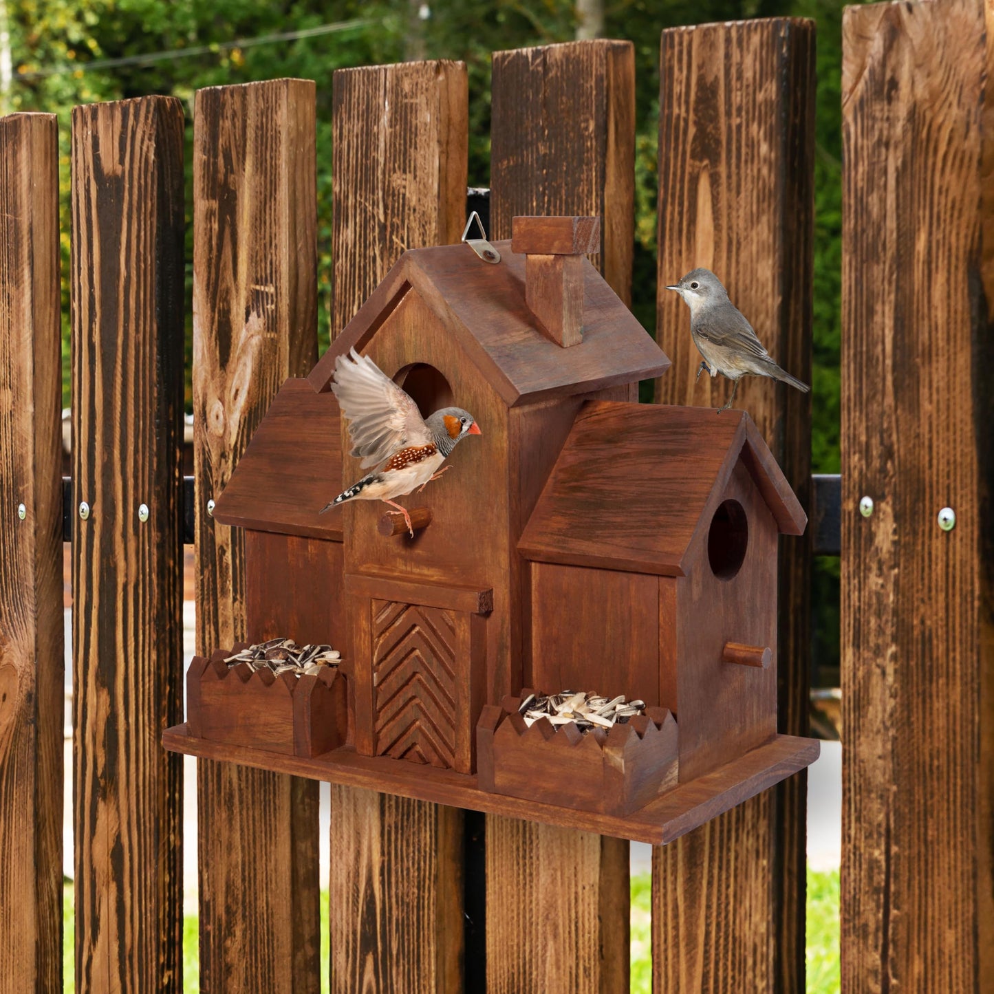 MIXUMON Bird Houses for Outside with Bird Feeder, Outdoor 3 Hole Bird House Room for 3 Bird Families Bluebird Finch Cardinals Hanging Birdhouse for Garden (Style 12)