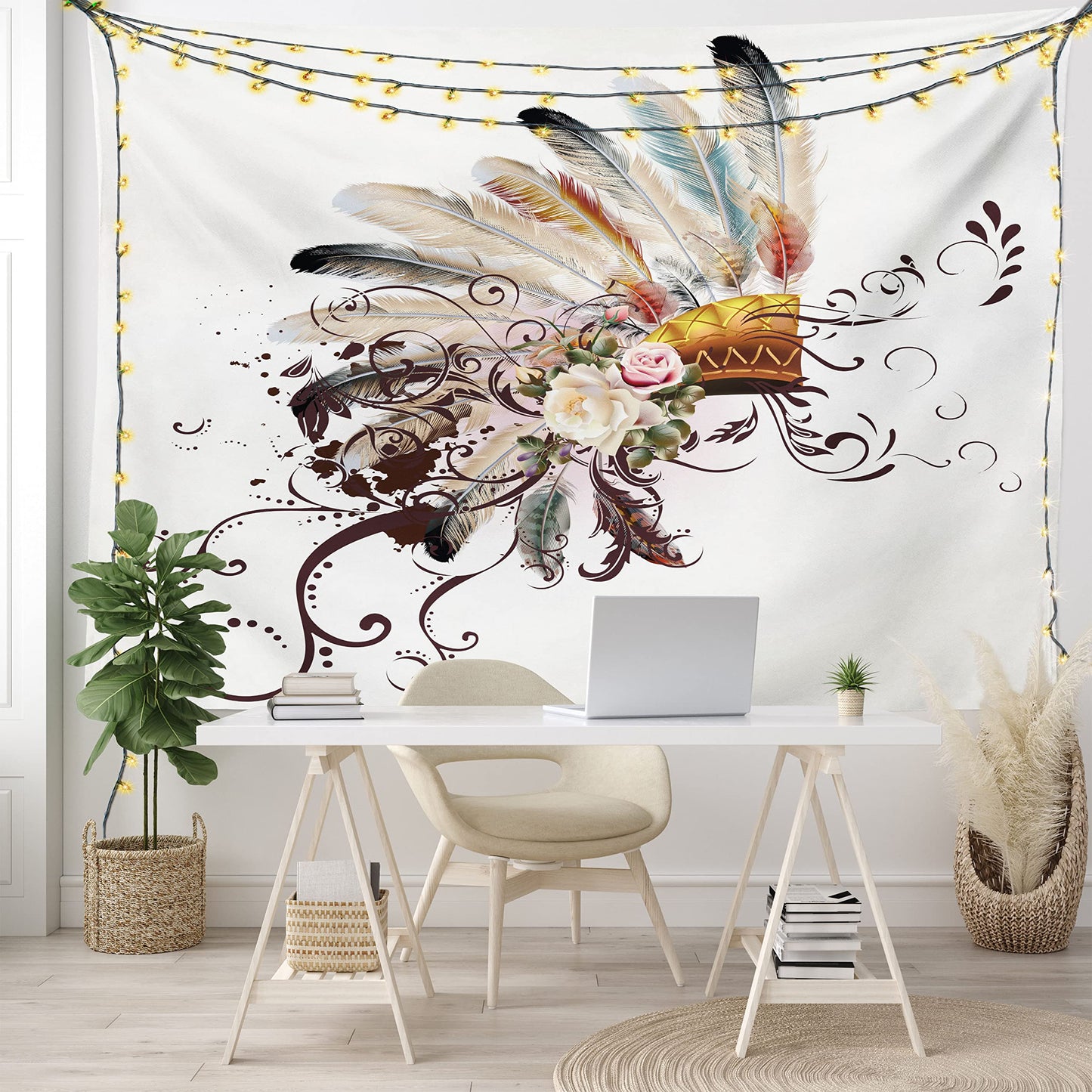 Ambesonne Feather Tapestry, Floral Arrangements Head Wear Flowers Swirls Shapes, Wide Wall Hanging for Bedroom Living Room Dorm, 60" X 40", Cream Ivory