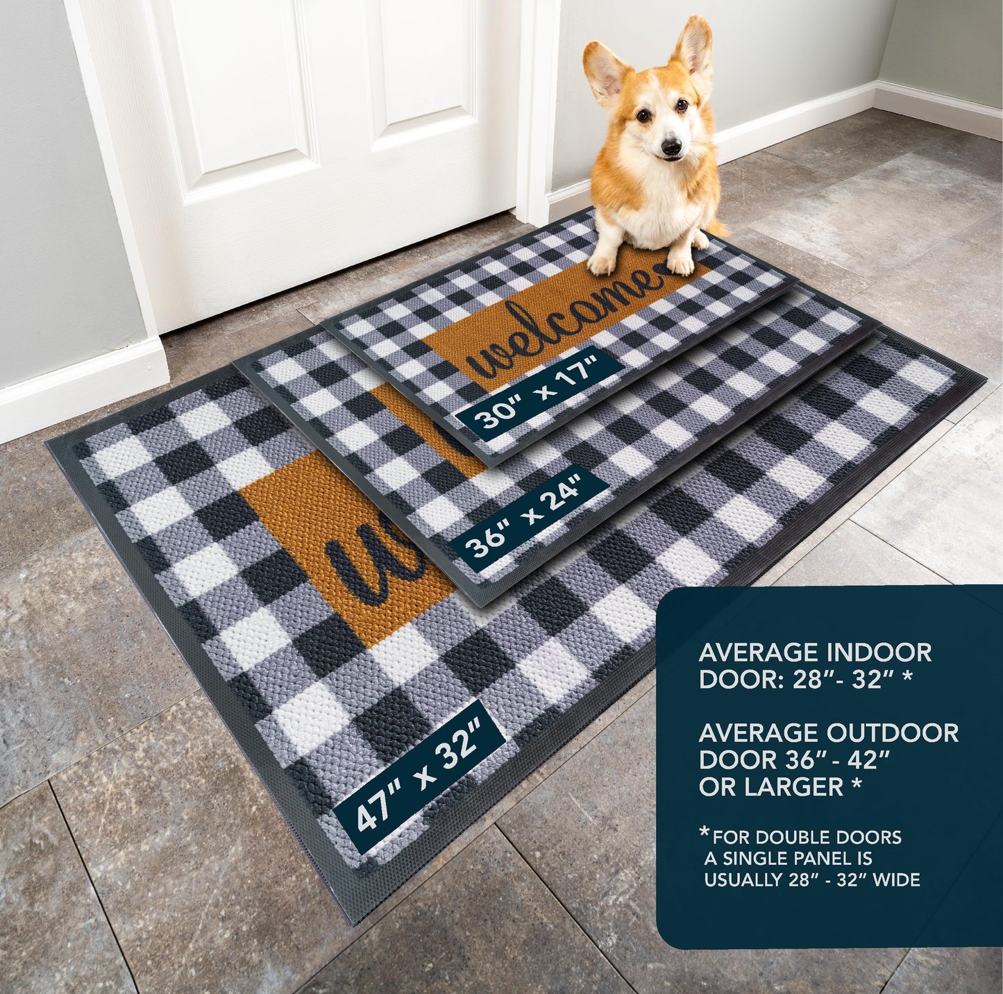 ubdyo Welcome Mat for Front Door Outside - Dirt Trapping Doormat Outdoor Entrance - Low Profile Welcome Matt Outdoor - Rubber Backing Anti Slip Door Mat - Regular 30'' x17'' (Checkered)
