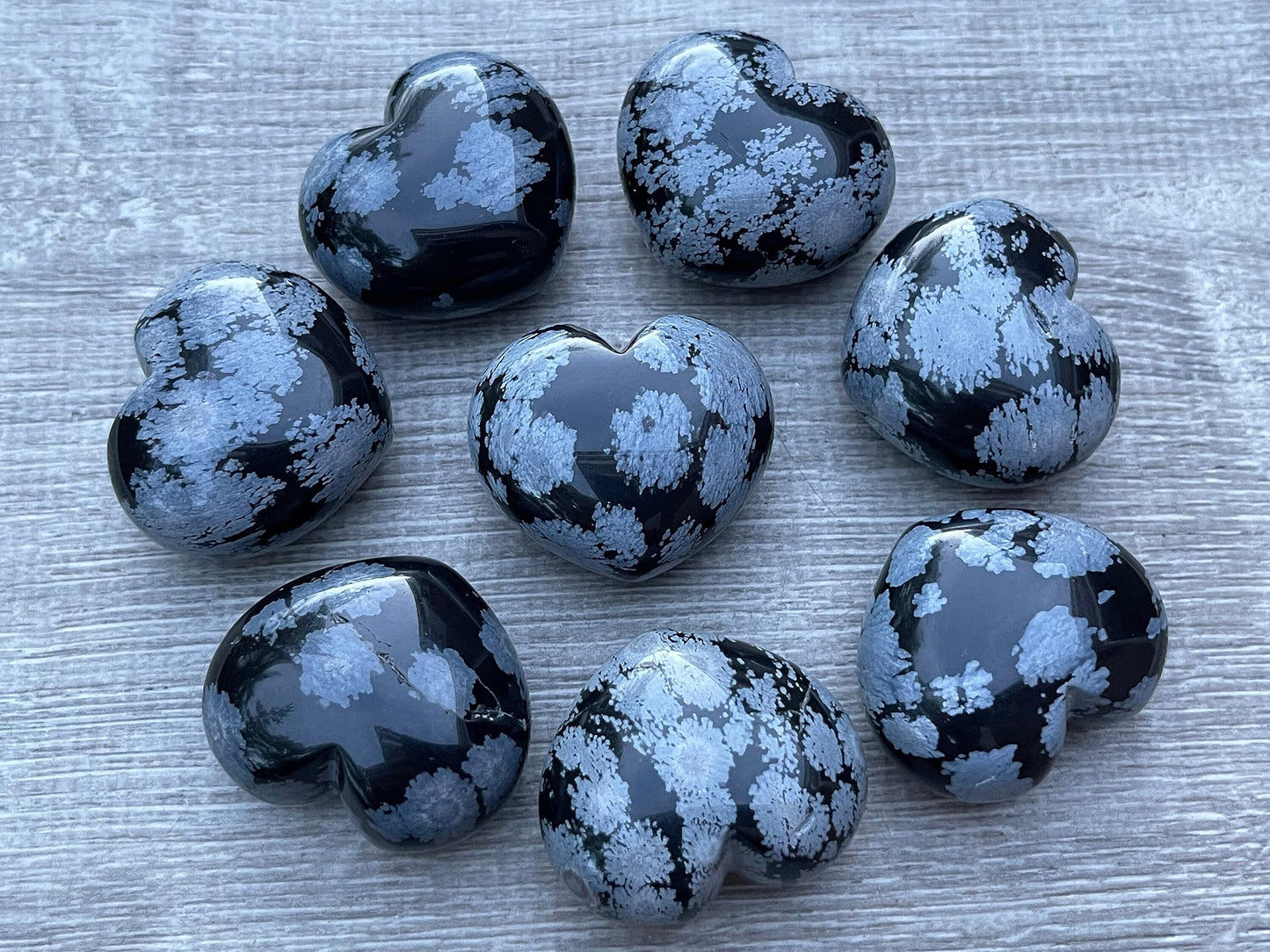 GAF TREASURES Snowflake Obsidian Gemstone Hearts, Polished Snowflake Obsidian Puffy Hearts, Snowflake Obsidian Crystal Palm Stone, Snowflake Obsidian Healing Crystal Hearts (1 Heart)