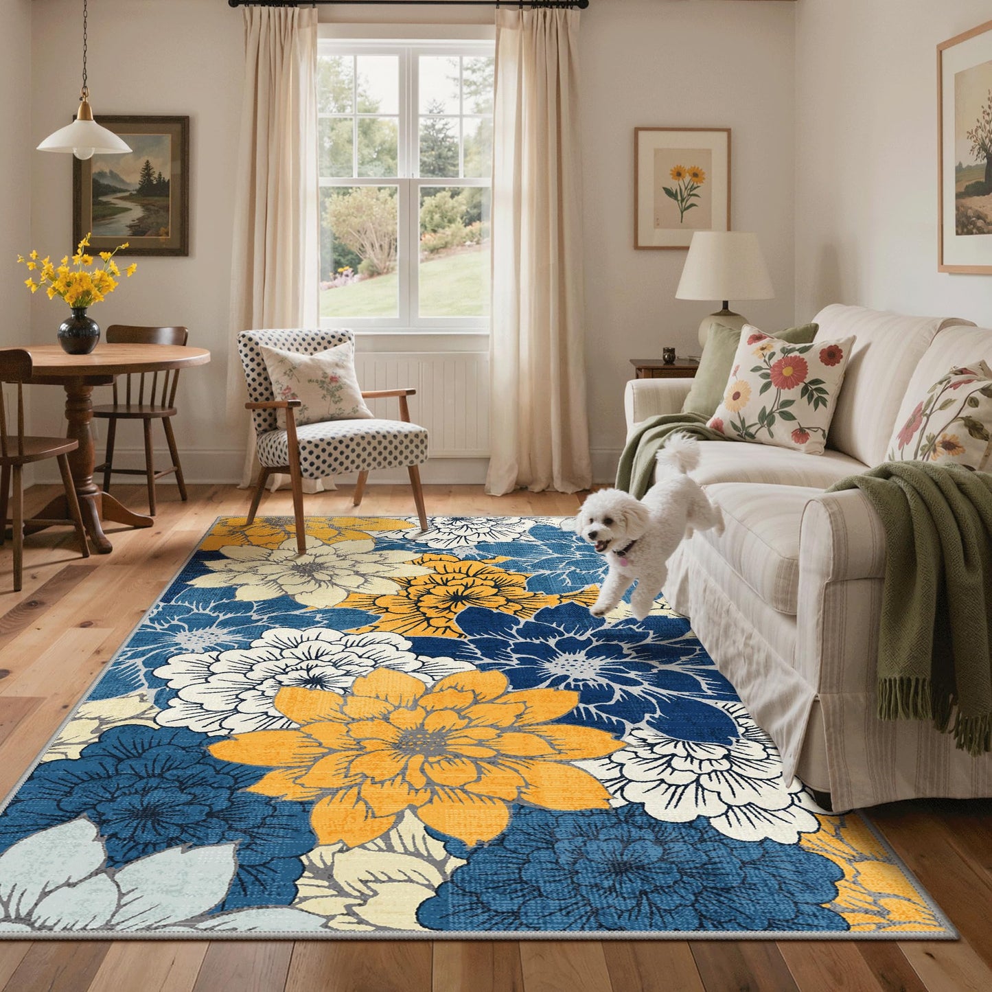 GENIMO Indoor Outdoor Area Rug 5'x8', Machine Washable Rugs for Patio, Waterproof, Non-Slip Easy Cleaning Floral Outdoor Mat Carpet for Living Room, Bedroom, RV, Balcony, Deck, Camping, Navy Blue