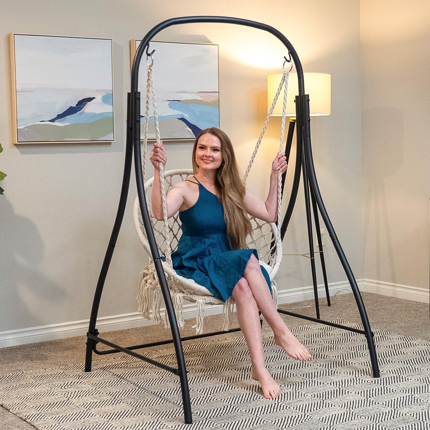 SUNCREAT Indoor Hammock Swing Chair with Stand, Hanging Chair Outdoor with Stand, 400 lbs Capacity, Beige