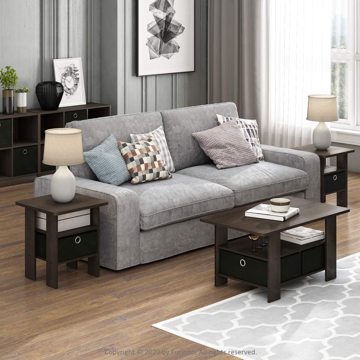 Furinno ANDREY Side Table, End Table, Night Stand with Open Shelves and Storage Bin, Bedside Table, for Living Room, Bedroom, Dark Brown