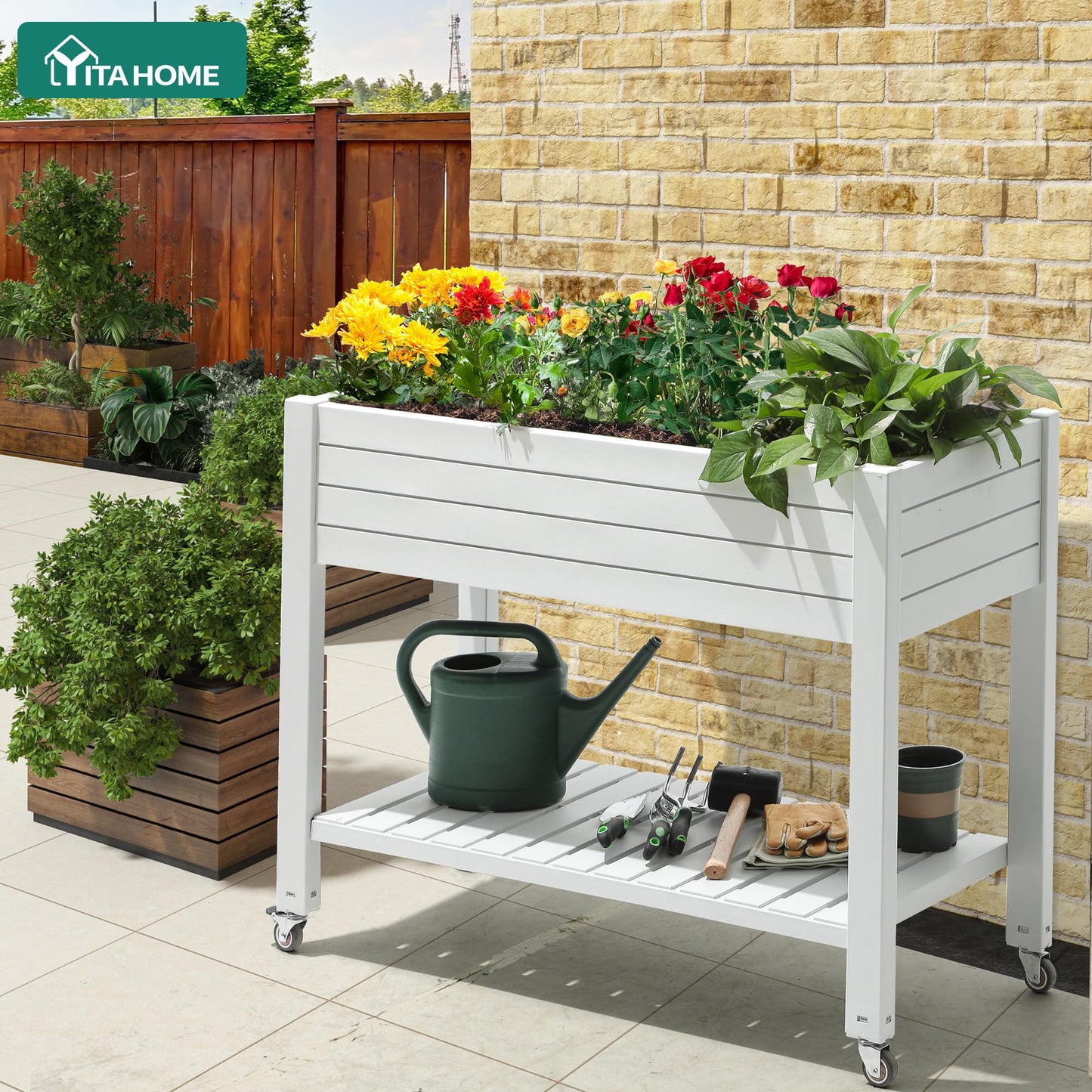 YITAHOME Raised Garden Bed Outdoor 43.3x17.7x34 in Raised Planter Box with Legs, Drain Plug and Storage Shelf, Elevated Planter Box for Plants Vegetables Flowers Herbs, White