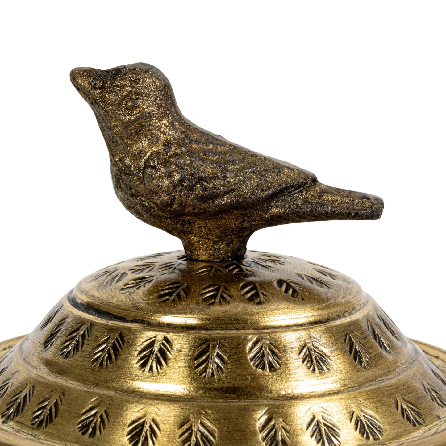 Round Hammered Metal Container with Bird Finial, Brass Finish