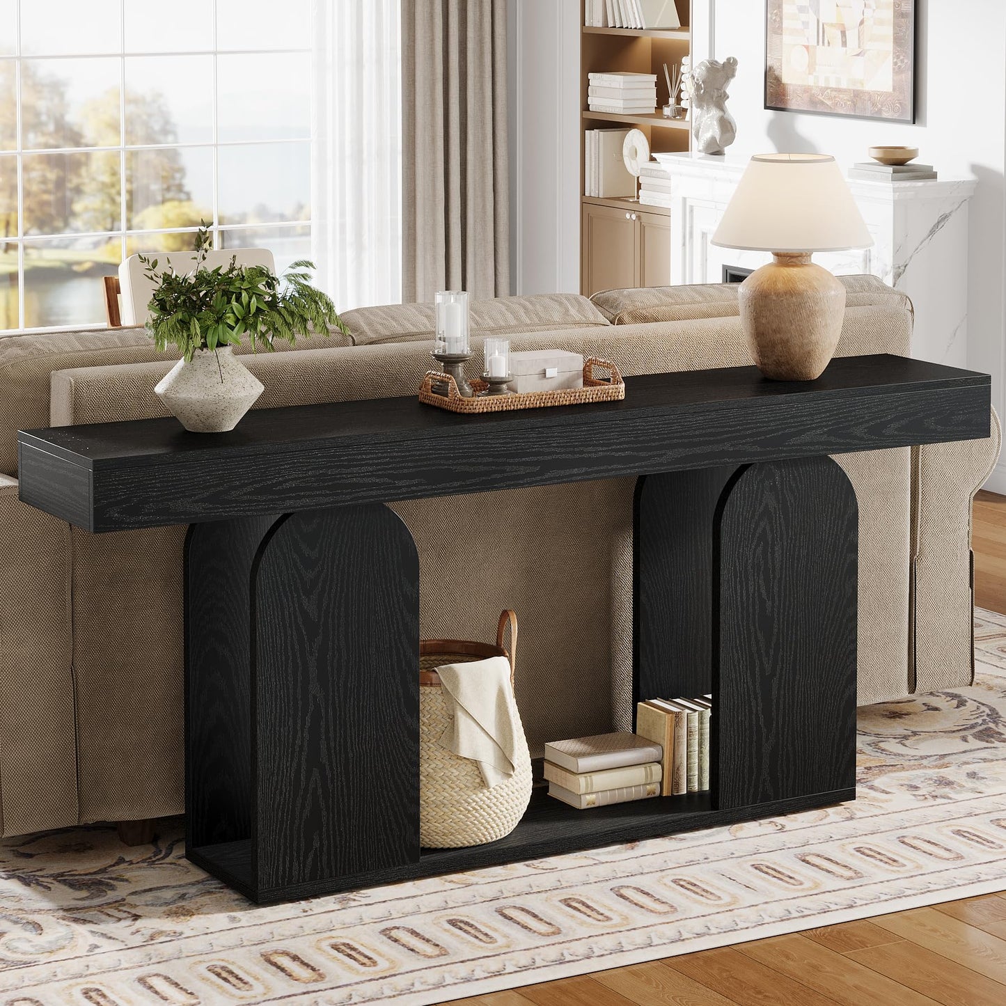 Tribesigns 70.9-Inch Extra Long Sofa Table, Farmhouse Console Tables with Wood Frame and Storage Shelf, 2-Tier Wood Table Behind Couch for Living Room, Hallway, Foyer, Black
