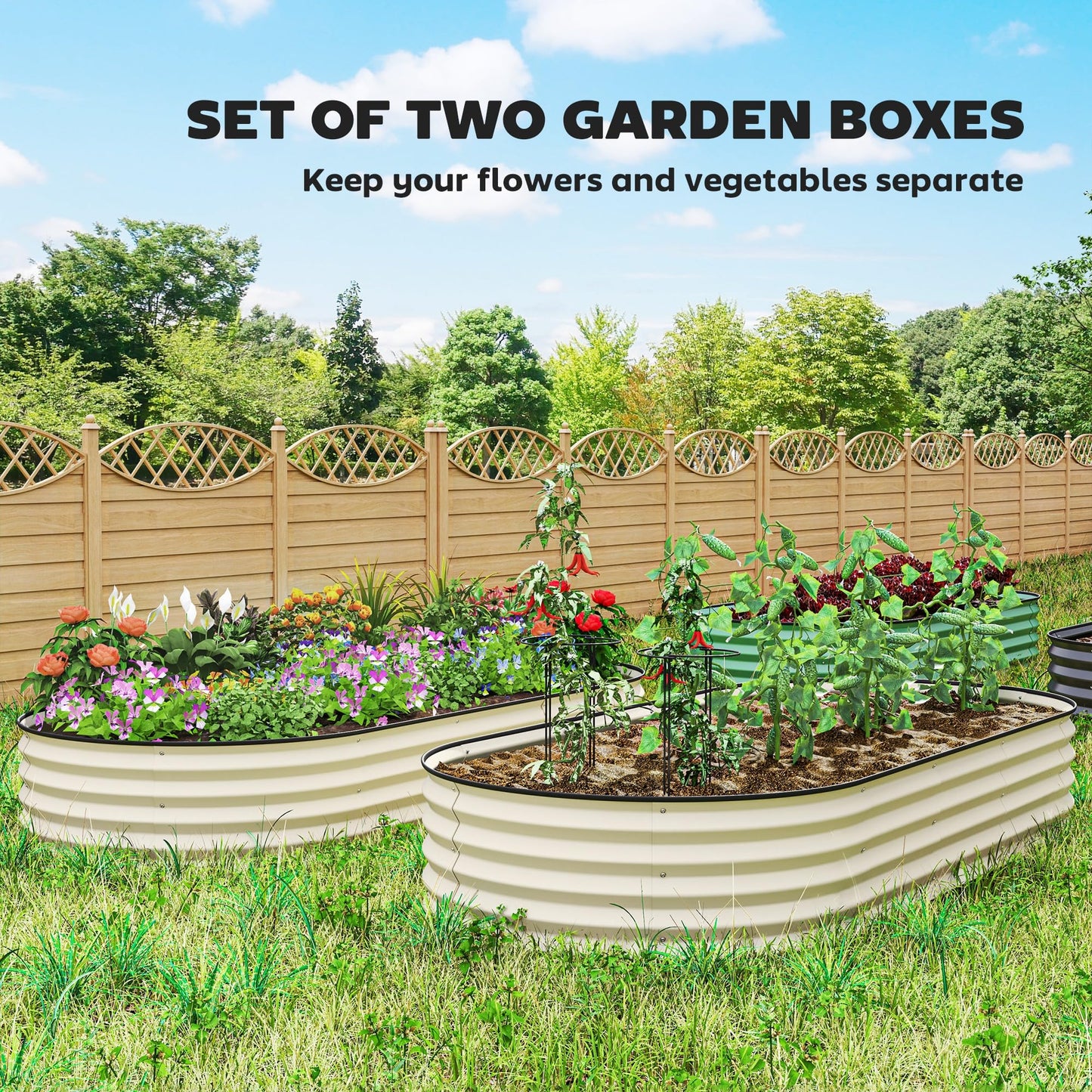 Outsunny 2PCS Galvanized Raised Garden Bed, 7' x 3' x 1' Raised Beds for Gardening with Plant Support Stakes, Rubber Strap Edging and Gloves, Metal Planter Box for Vegetables, Flowers, Cream White