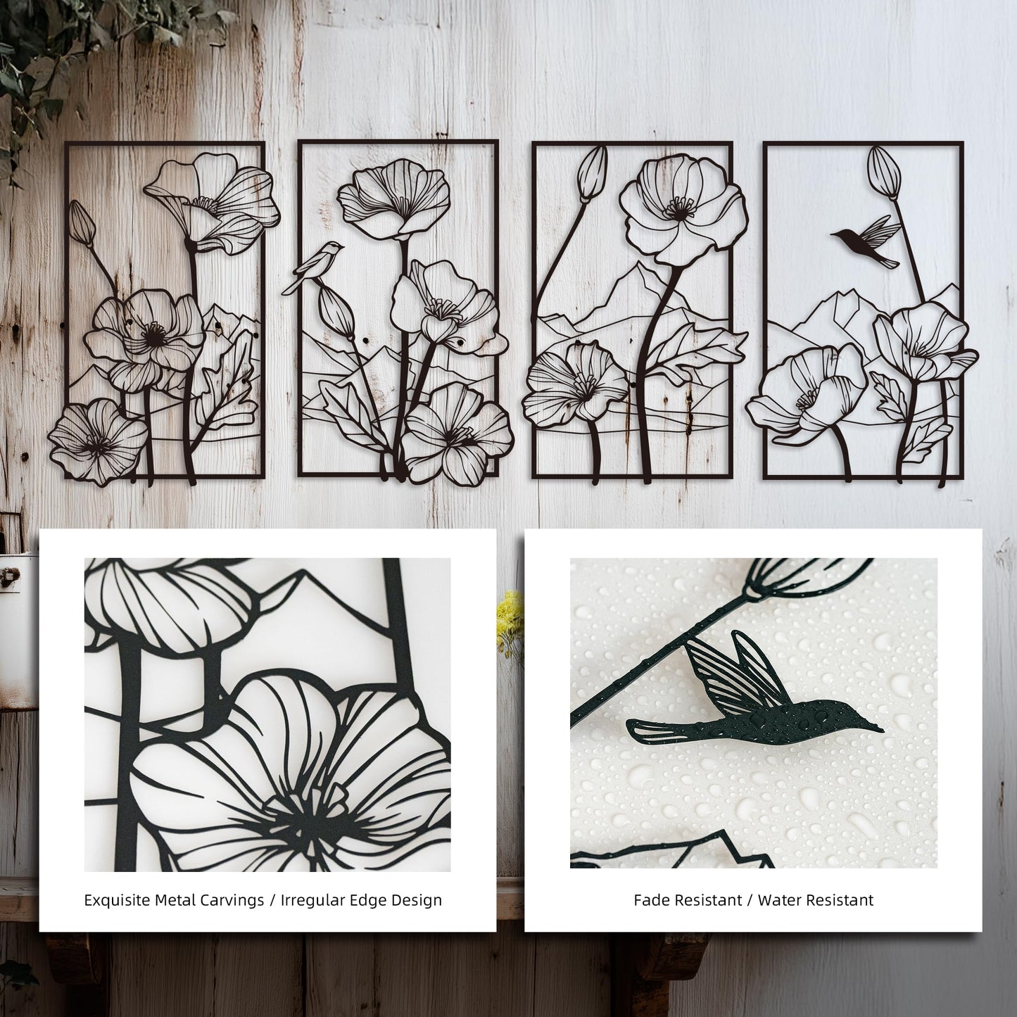 deeinglif Black Metal Wall Art Set of 4, 3D Metal Wall Decor for Living Room Bedroom Bathroom, Abstract Floral Mountain Nature Wall Sculptures, Modern Minimalist Iron Wall Art, 12 x 17 Inch