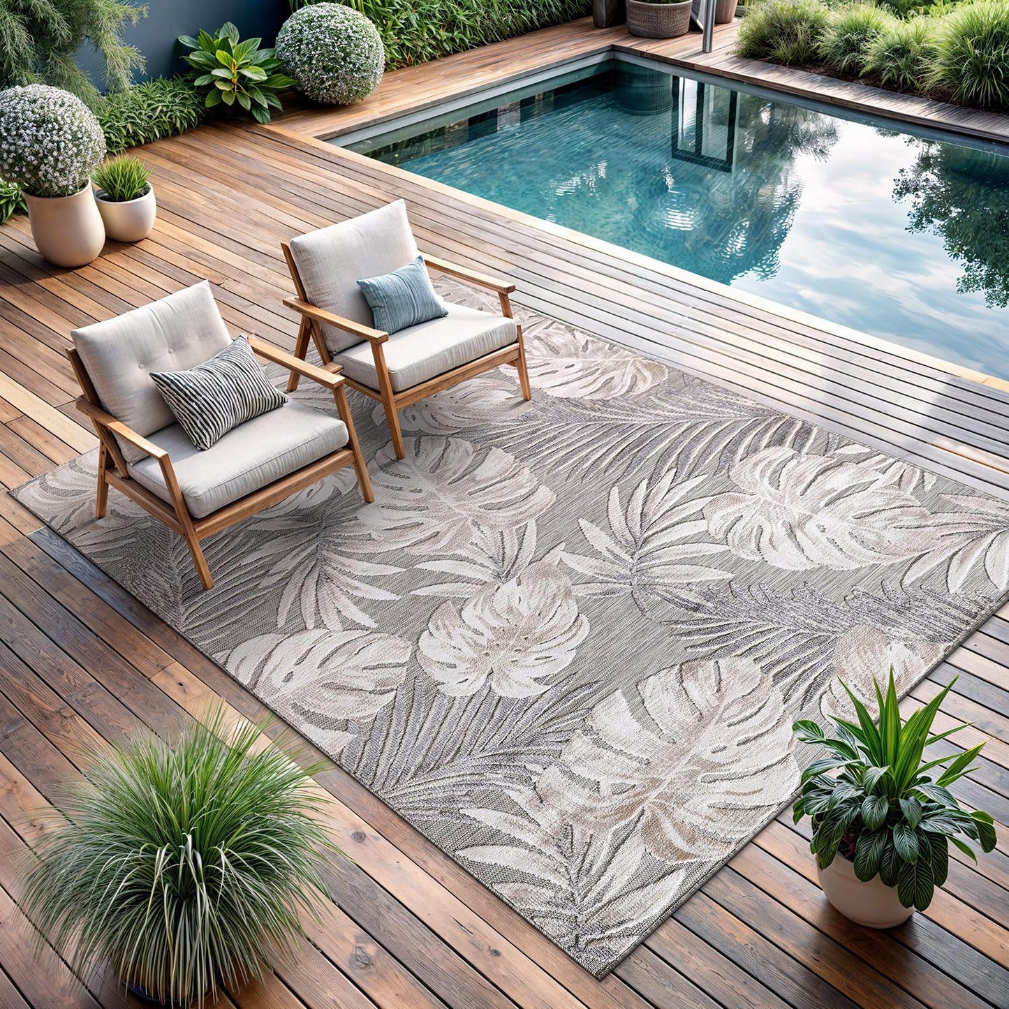 CAMILSON Indoor Outdoor Rug, Beige 6’x9’ Leaf Tropical Botanical Area Rugs for Indoor and Outdoor patios, Easy-Cleaning Non-Shedding Living Room, Garden and Kitchen Washable Outside Carpet (6x9)