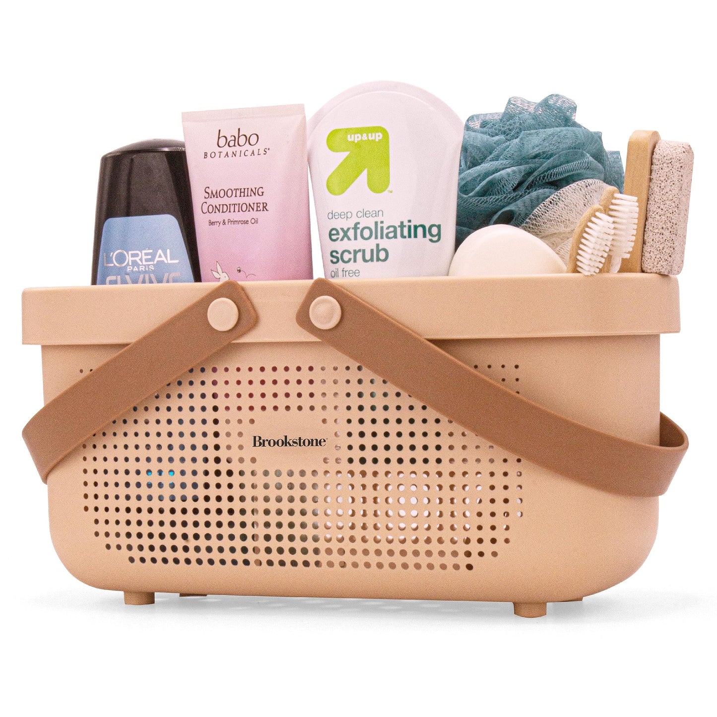 Brookstone Modern Large Portable Shower Caddy with Soft Silicone Carrying Handle, Bathroom Organizer Basket, Plastic Bath Tote and Shower Organizer, Quick Dry Drainage Holes, BPA Free, Blush