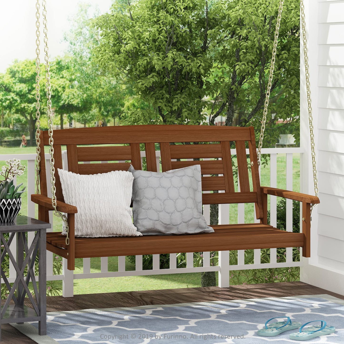 Furinno Tioman Hardwood Patio / Garden / Outdoor 4ft Porch Swing, 2 Seater with Hanging Chains, Natural