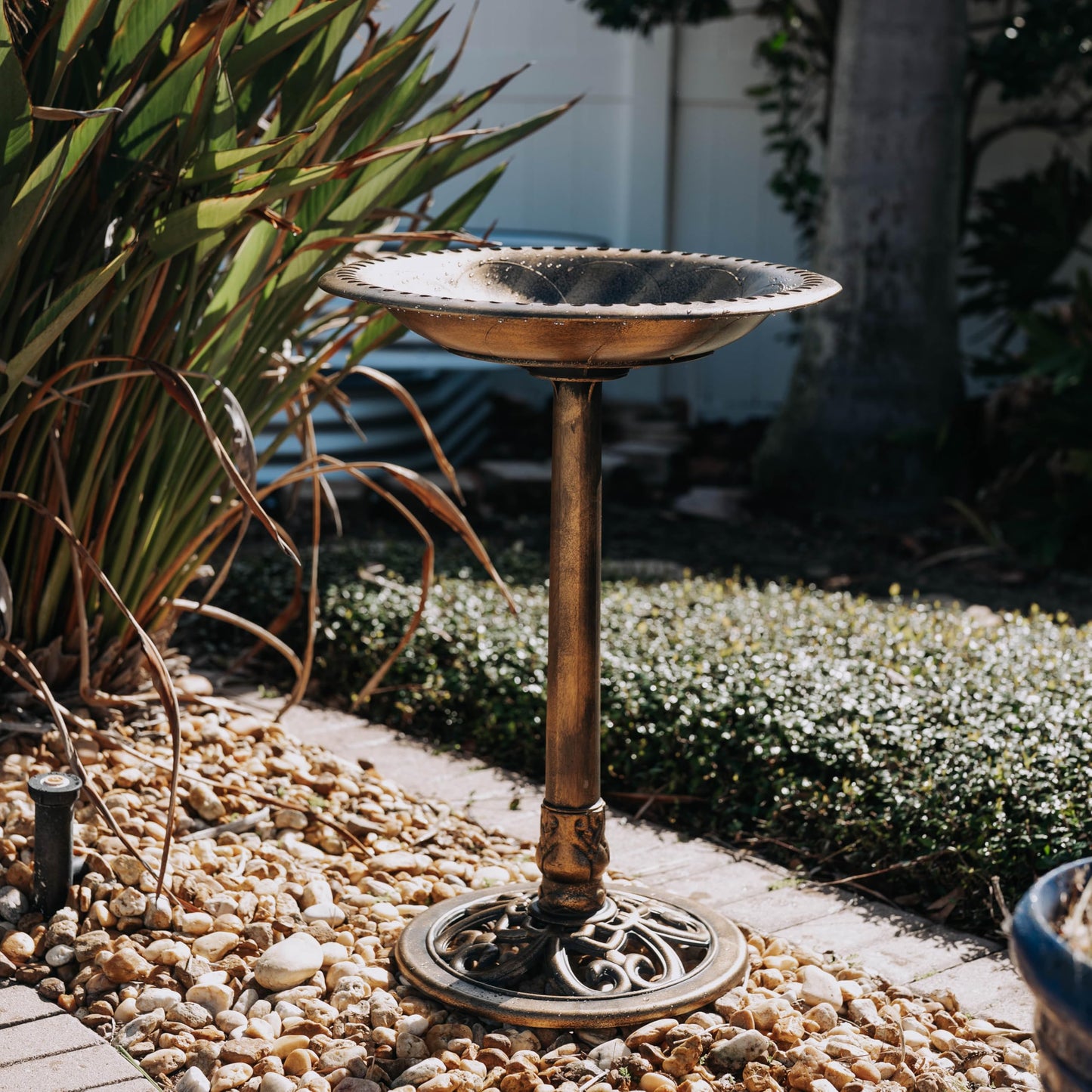 Backyard Expressions Outdoor Garden Bird Bath - Bronze - Weather Resistant Resin with Ground Stakes - 27 Inch