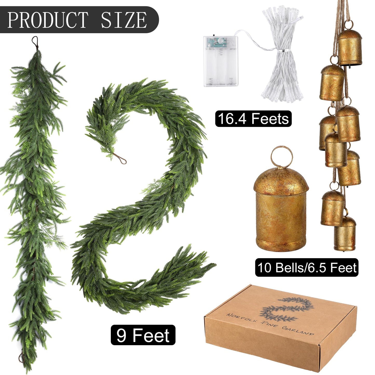 Fovths 9 Ft Christmas Garlands with Lights and Bells Real Touch Norfork Pine Garland Artificial Greenery Garlands for Christmas Mantle, Table Indoor Outdoor Decorations, Green