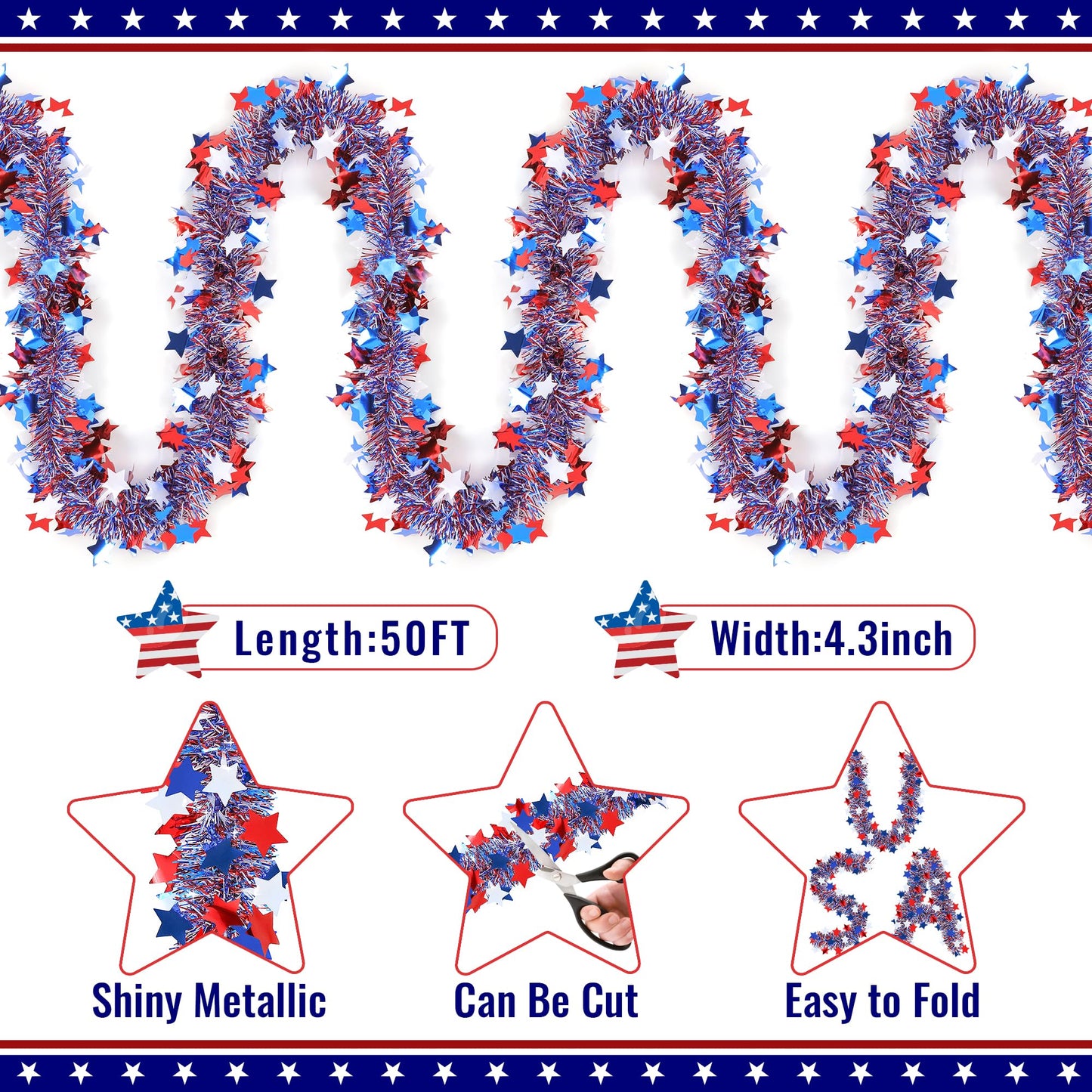 50FT Patriotic Tinsel Garland 4th of July Decorations, Fourth of July Red White and Blue Metallic Garland with Stars for July 4th Independence Day Memorial Day Home Indoor Outdoor Decor