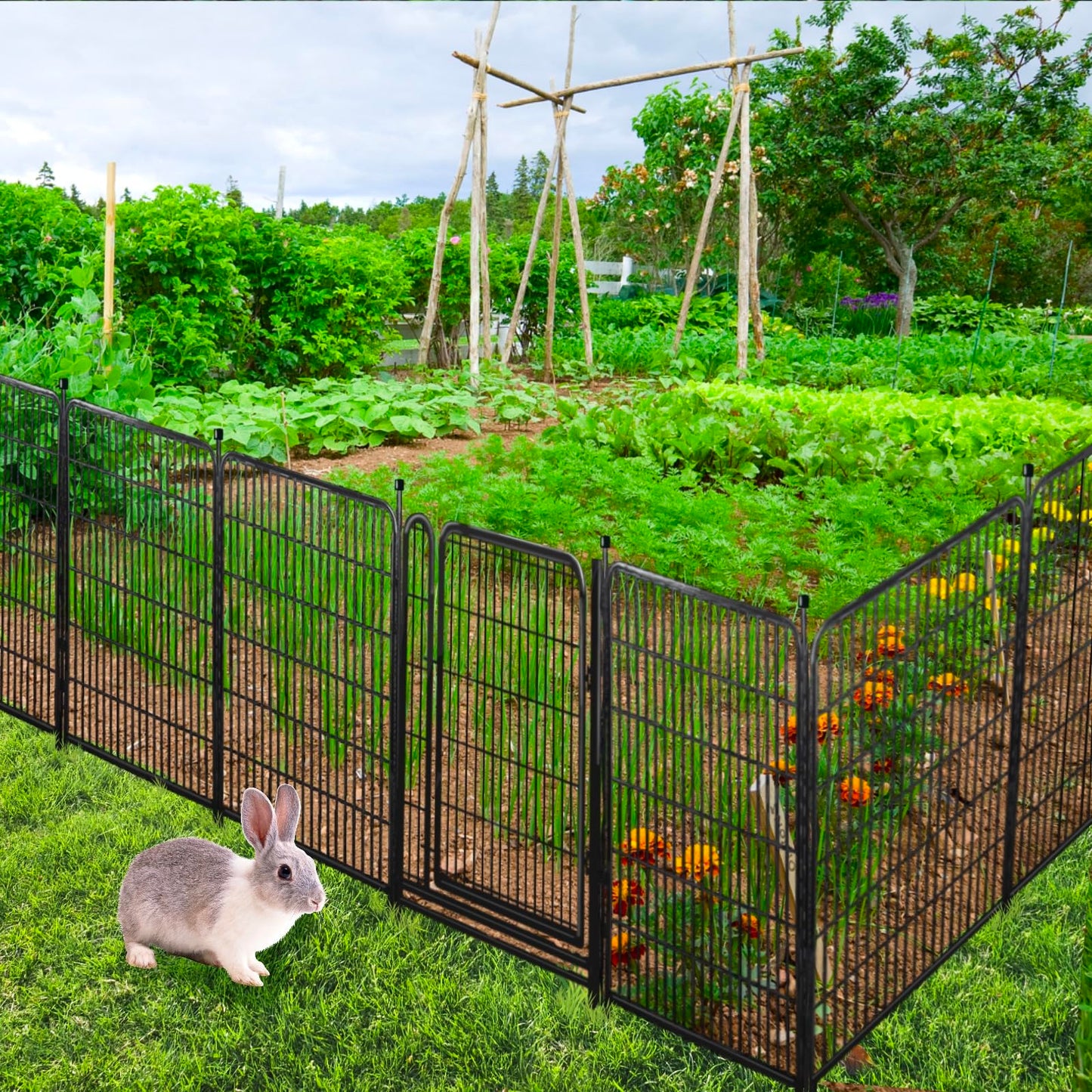 Getlay Tall Garden Fences and Borders for Dogs, 4.6ft High Dog Fence, 10 Panels Total 22.1Ft Long, Gate 21 inches Wide with Low Sills, Animal Barrier Fence, Metal Fence Panels, Flower Bed Fencing