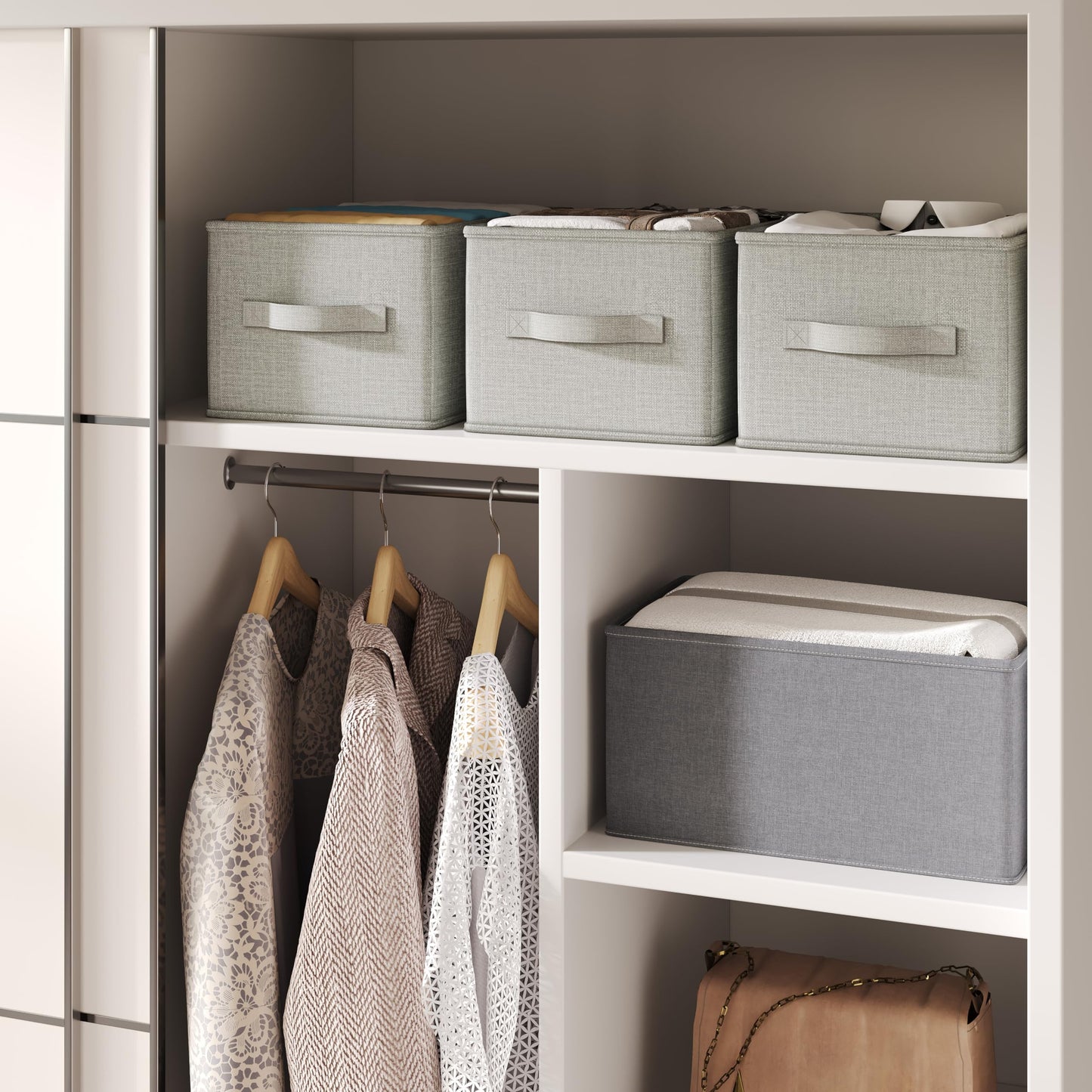 LayerSpace 3 Pack Fabric Storage Bins for Shelves | 14.75x10.25x8.25 in Storage Baskets | Fabric Closet Organizers with Handles Home Organization | Linen Clothes Storage Bins | Light Gray