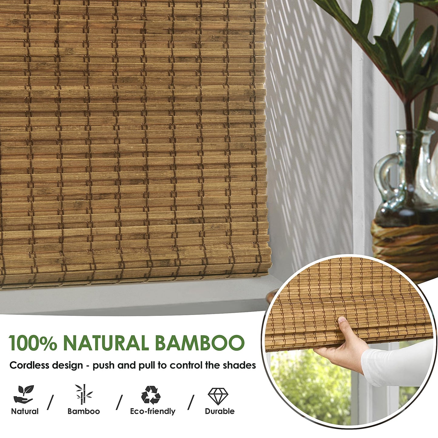 LazBlinds Cordless Bamboo Roman Shades, Privacy Blinds for Interior Windows, Room Darkening Roll Up Bamboo Blinds for Home & Patio, 26.5" W x 48" H, Highfield Teak