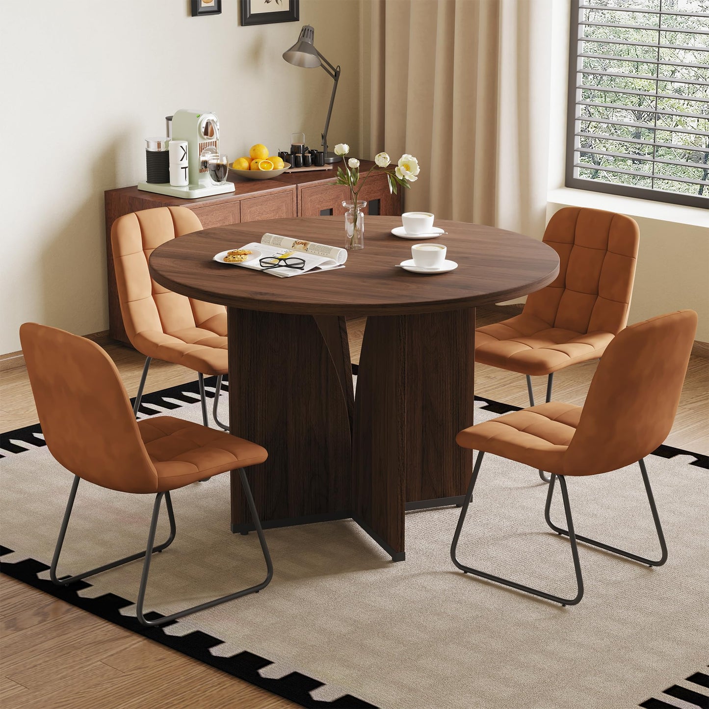 HIPIHOM Modern Round Dining Table Set for 4, 39.4" Walnut Kitchen Table with 4 PU Leather Chairs, 5-Piece Mid-Century Dining Room Set for Small Spaces, Pedestal Base