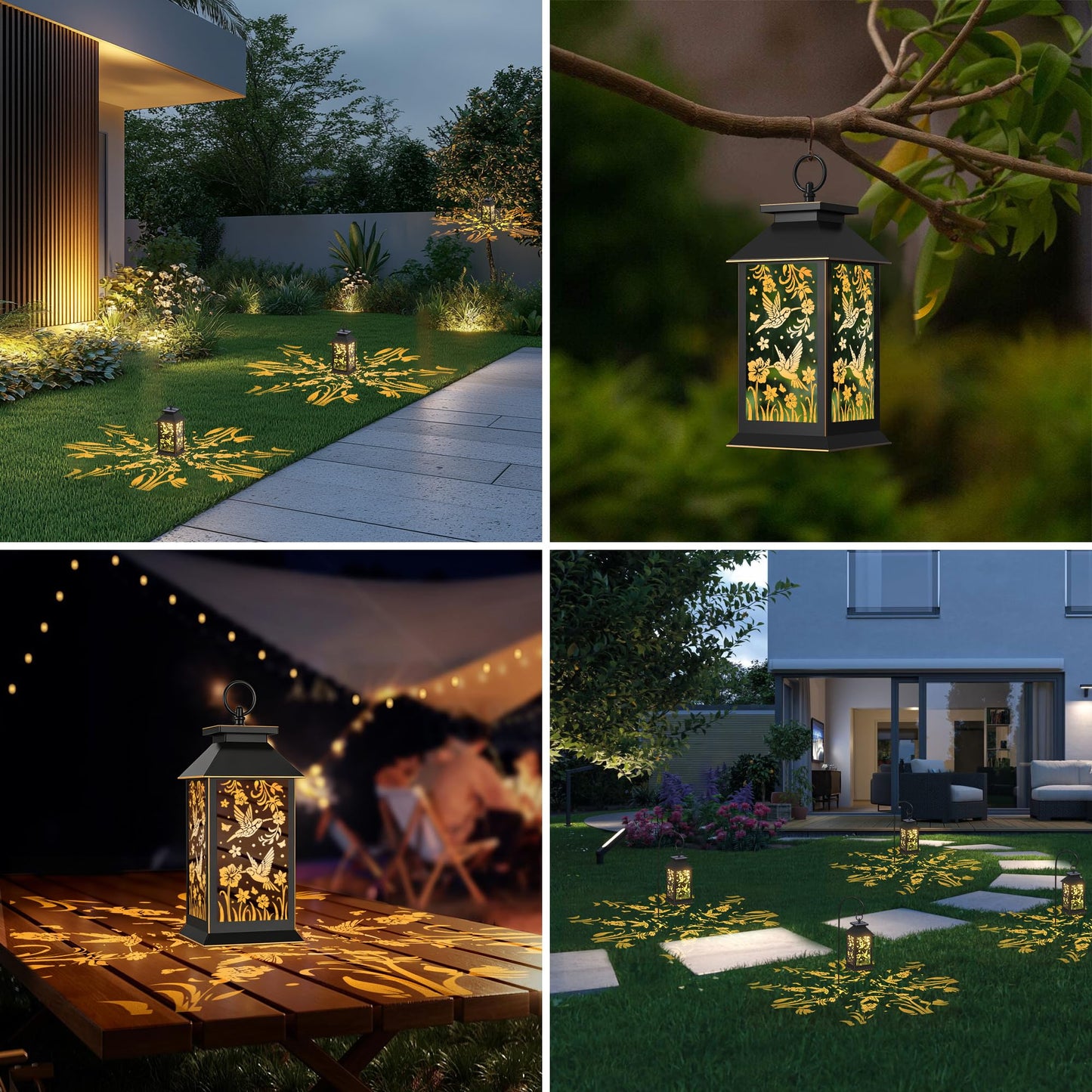2 Pack Hanging Solar Lanterns, Hummingbird Projection Solar Lights, Outdoor Waterproof Upgraded Solar and 2 AA Batteries Powered, for Outside Porch, Patio and Indoor Tables, Mantelpiece.
