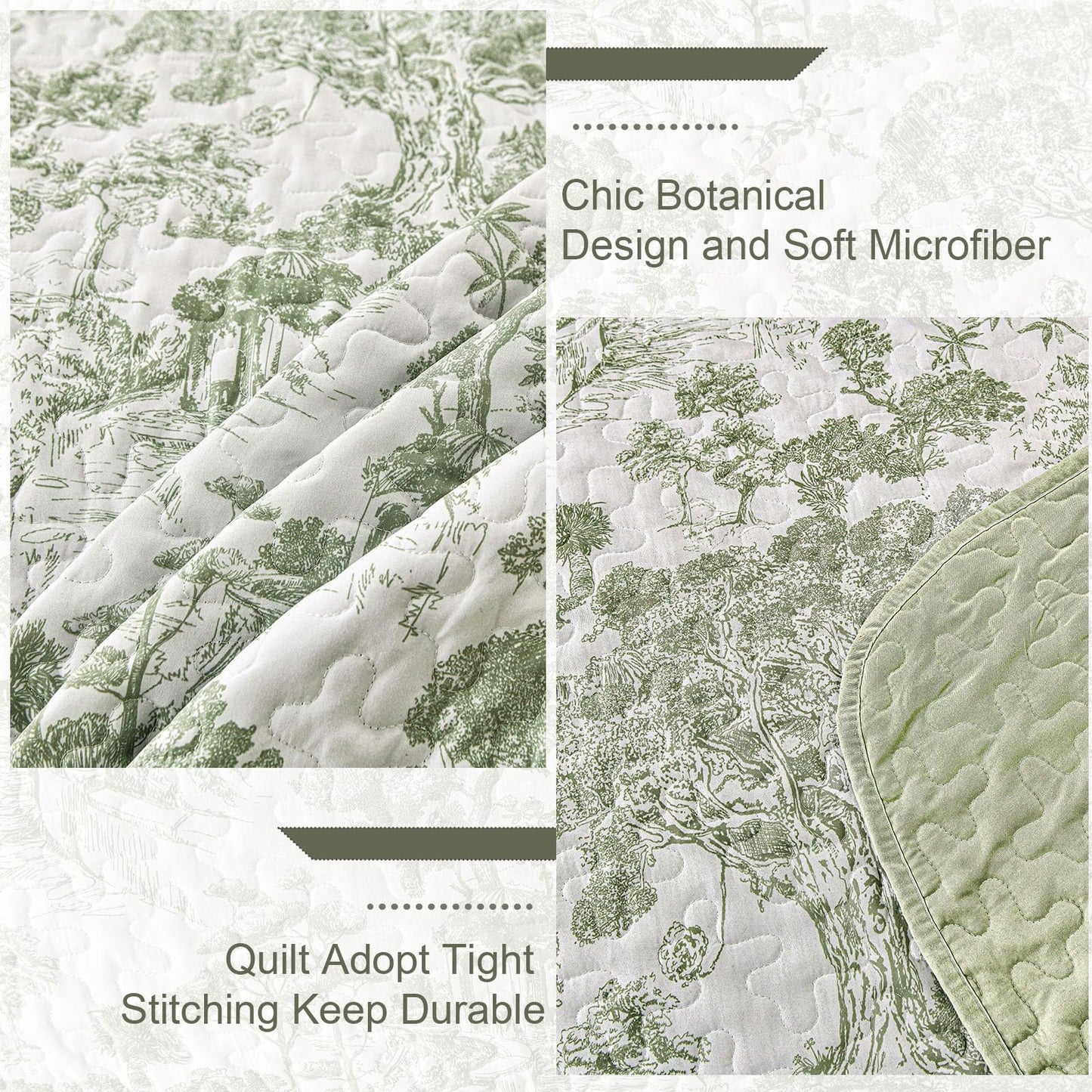 WONGS BEDDING Botanical Quilt Set Queen Size, Sage Green 3 Pieces Toile Floral Plants Printed Bedspread Bedding Set Soft Lightweight Microfiber Coverlet Set for All Season (96"x90")